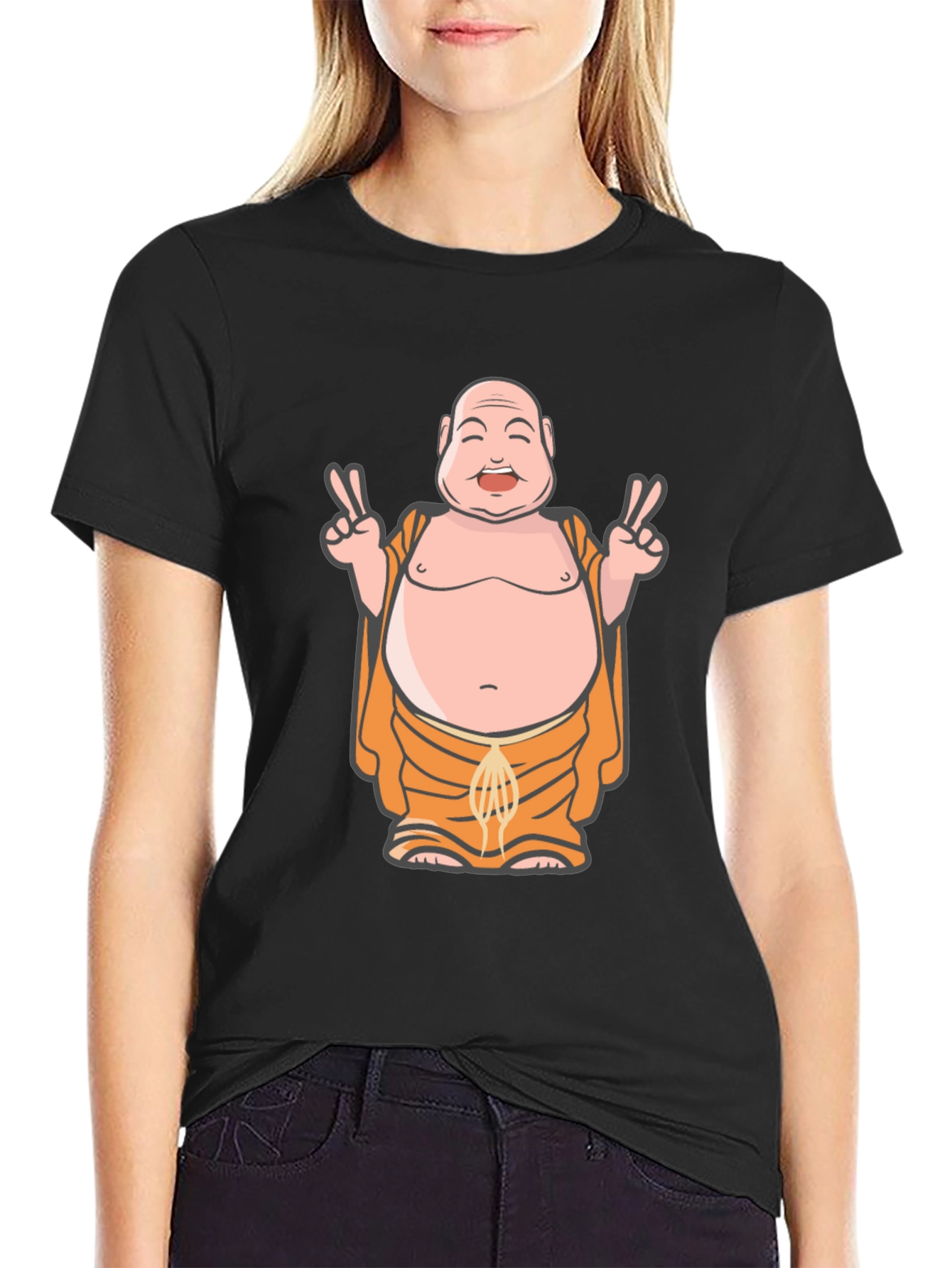 Buddha Peace Sign Graphic Tee - Black Cotton Blend