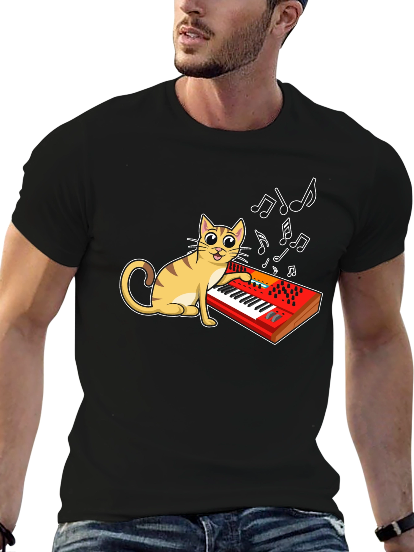 Cat Playing Keyboard Graphic T-Shirt