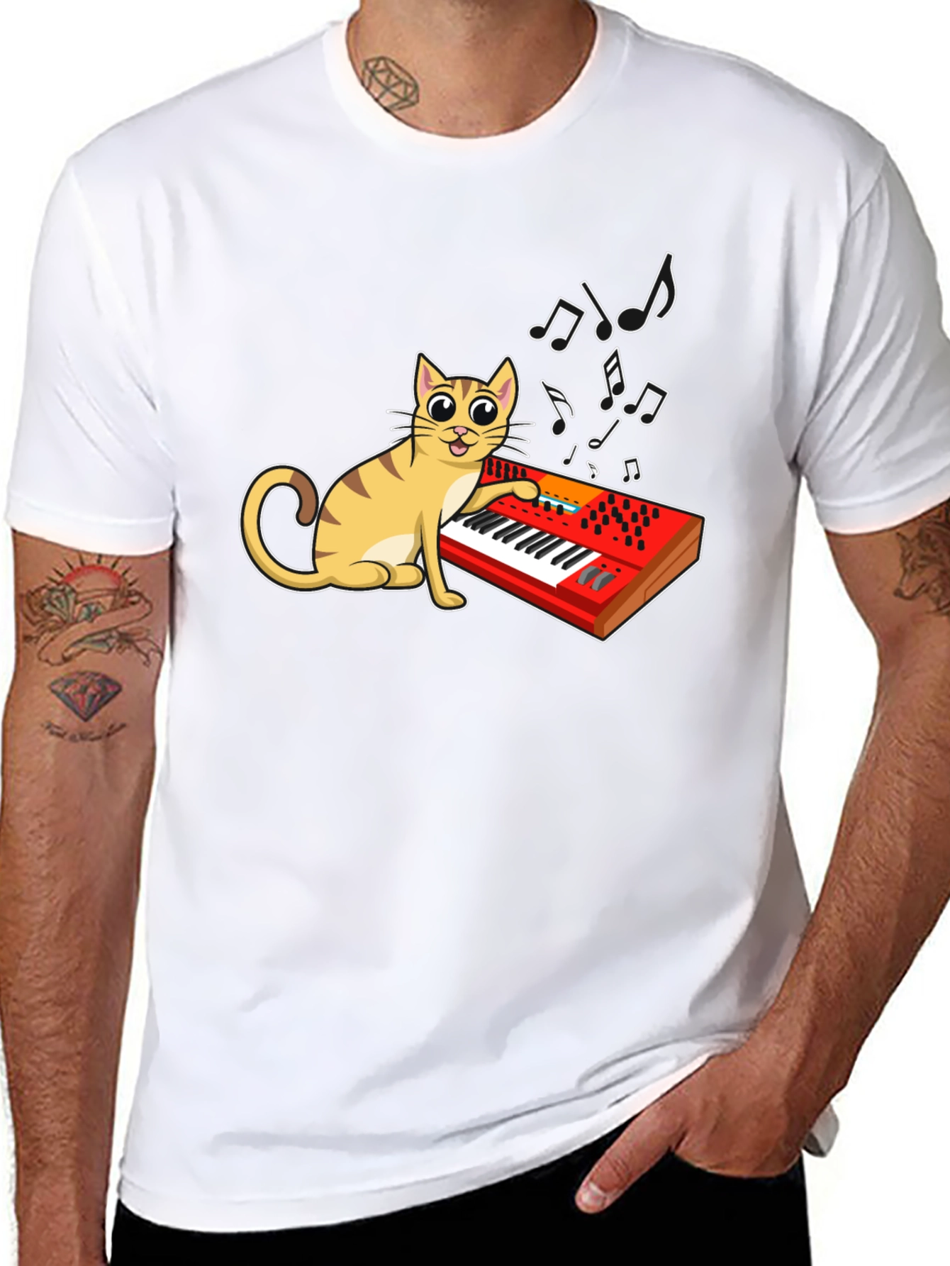 Cat Playing Keyboard Graphic T-Shirt