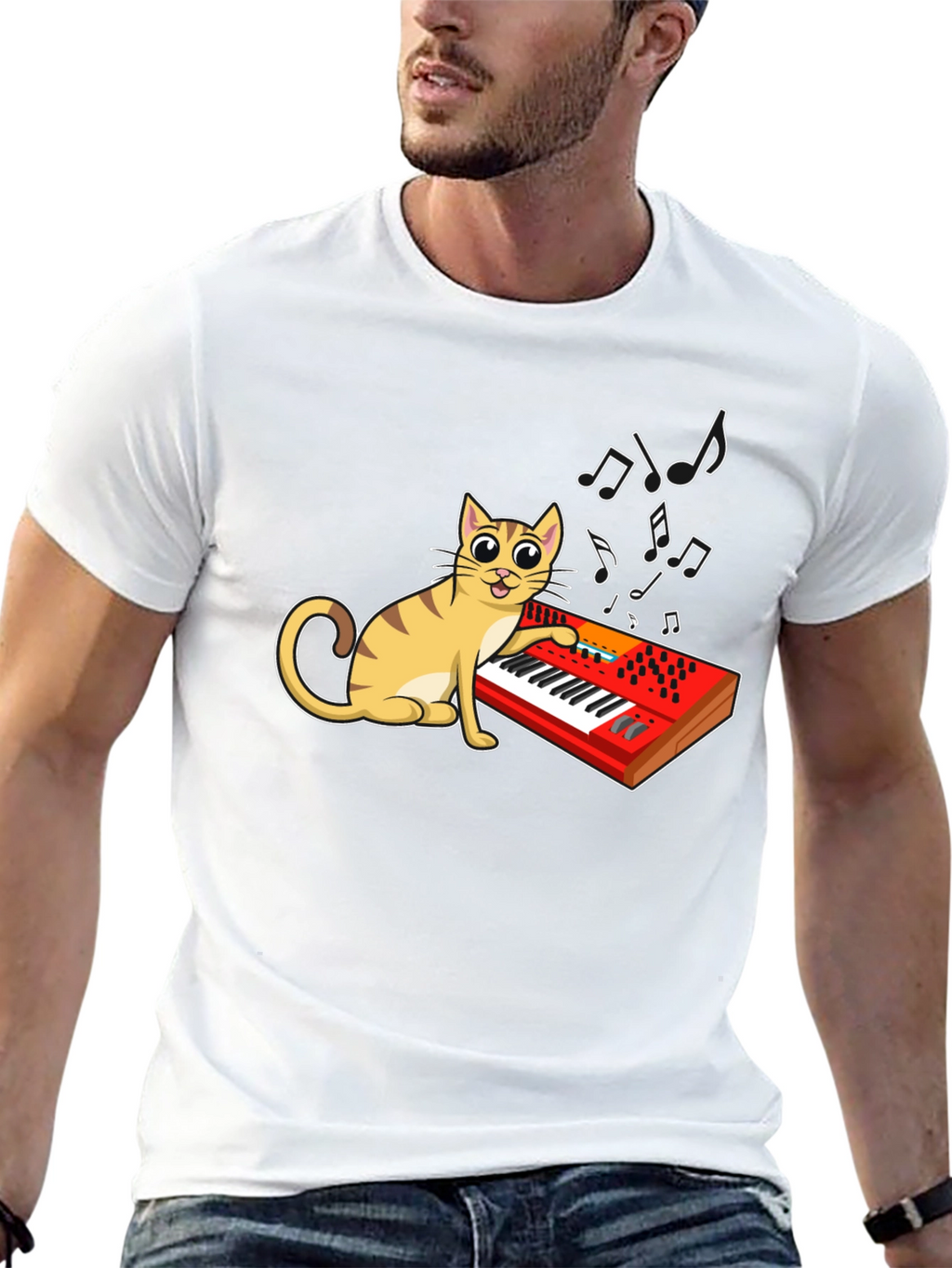 Cat Playing Keyboard Graphic T-Shirt