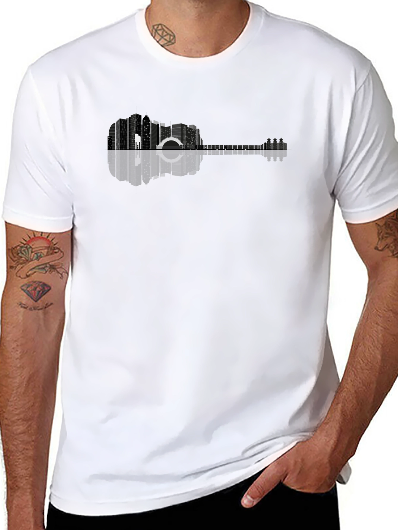 Cityscape Guitar Graphic Tee - Modern Urban Design
