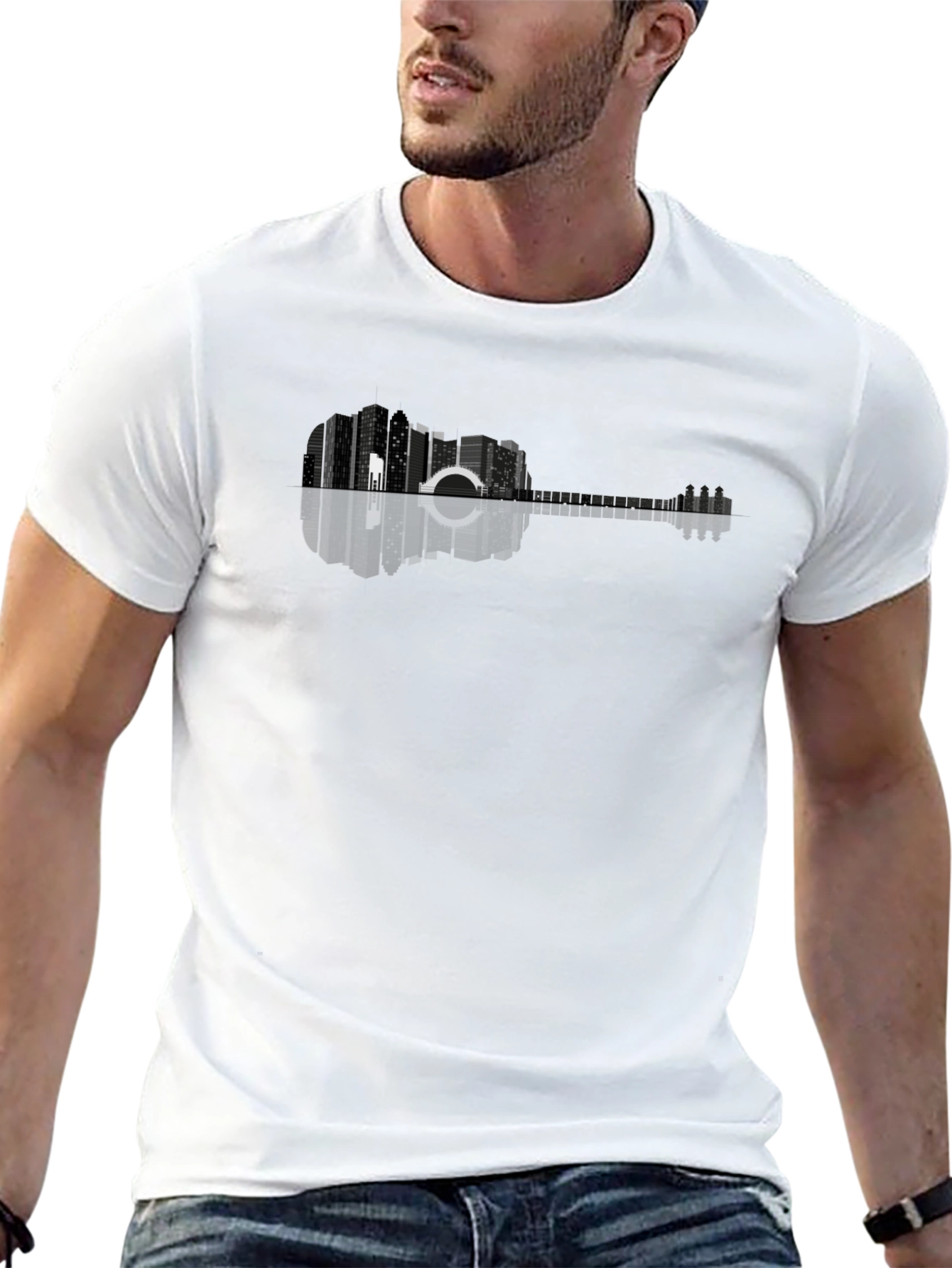 Cityscape Guitar Graphic Tee - Modern Urban Design
