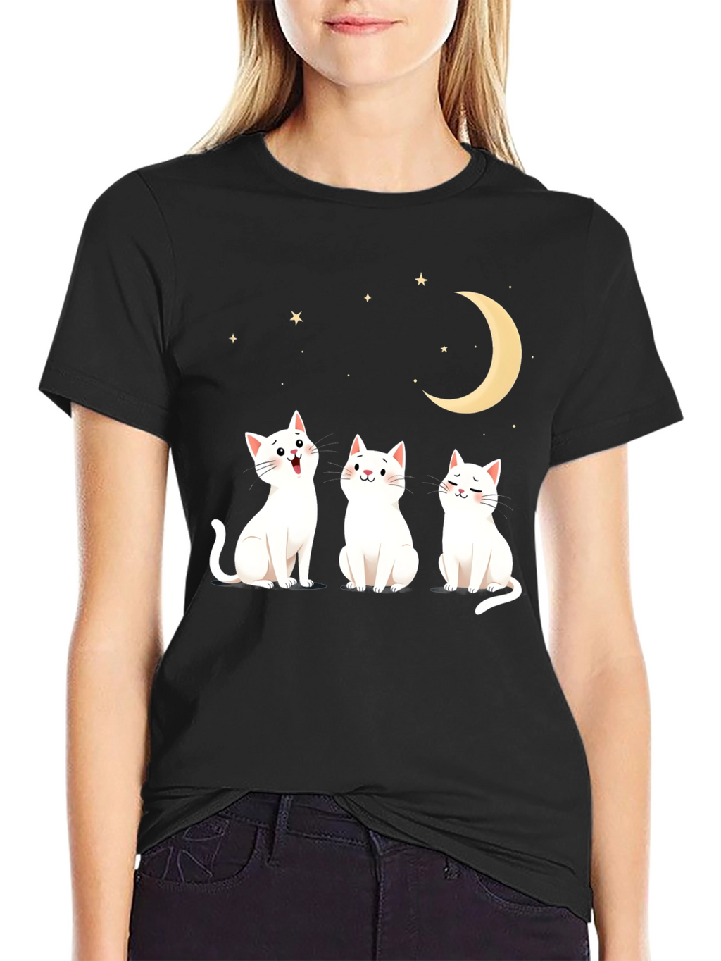 Cute Cats Moon Stars Graphic Tee