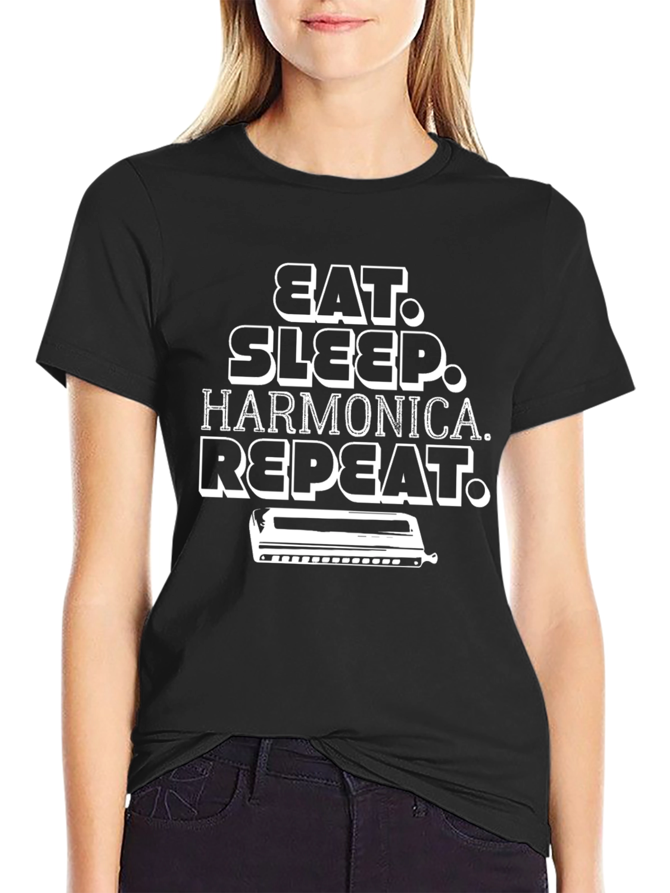 Eat Sleep Harmonica Repeat Black T-Shirt