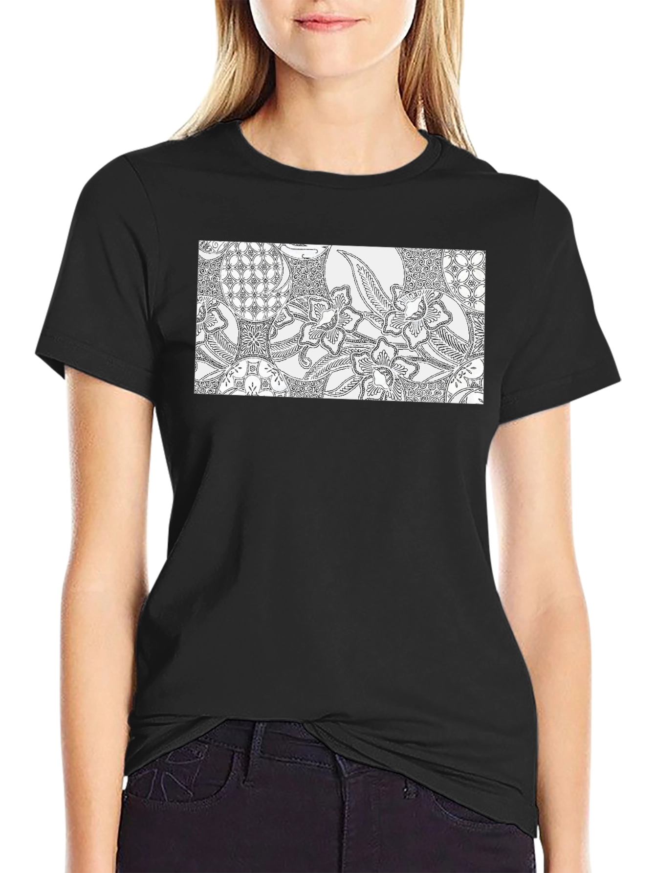 Black Tee with Ornate Floral Pattern Design