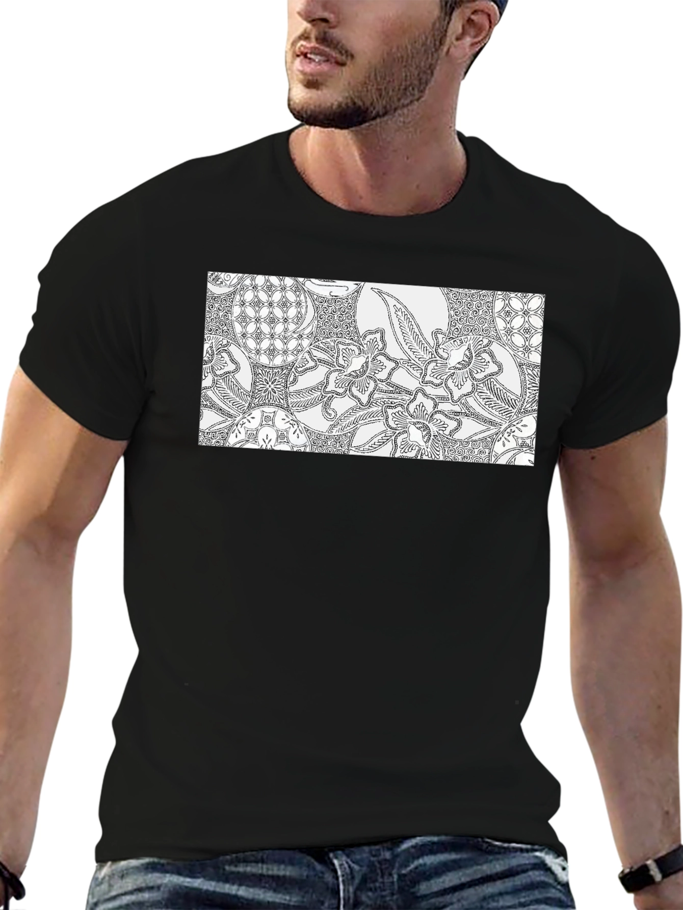 Black Tee with Ornate Floral Pattern Design