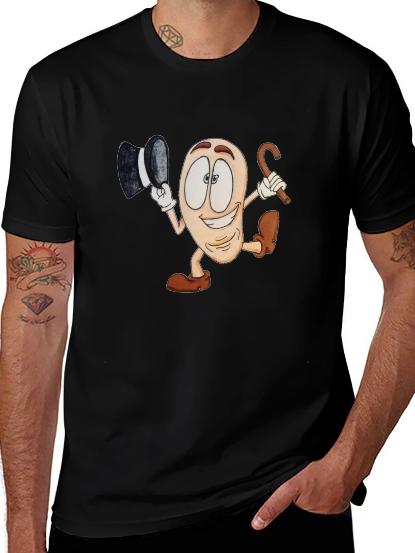 Cartoon Bean Character Black T-Shirt