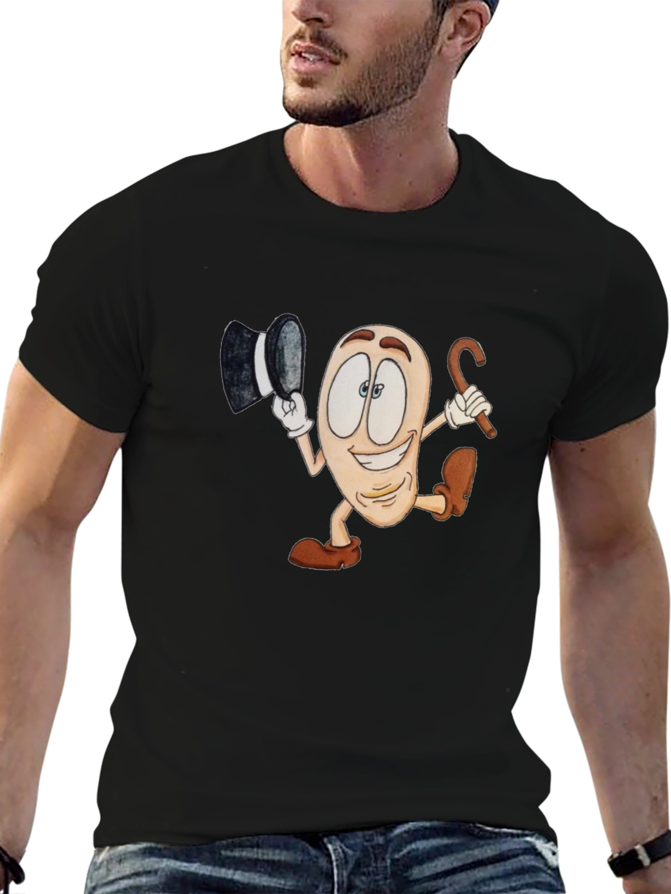Cartoon Bean Character Black T-Shirt