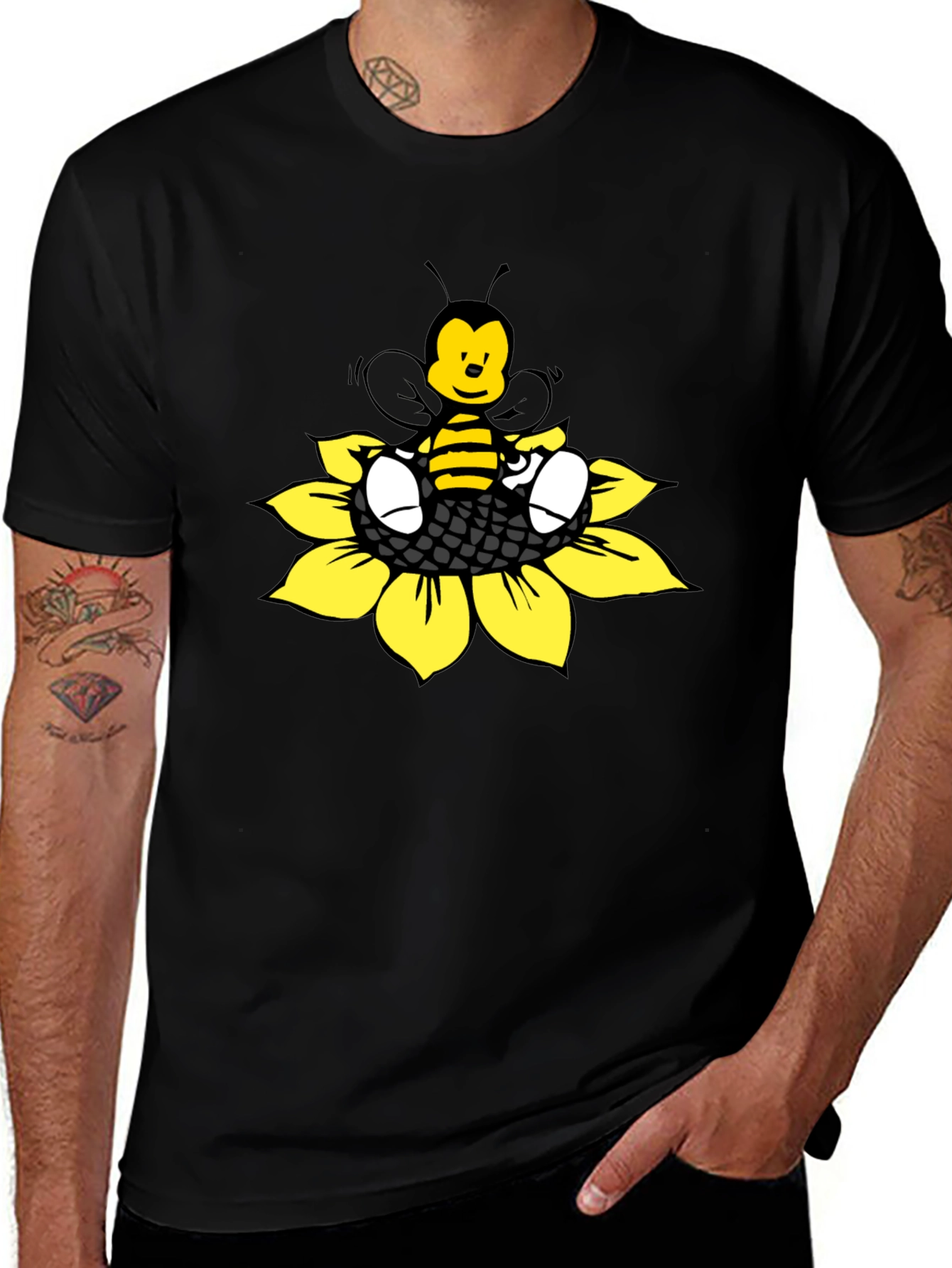 Cartoon Bee on Sunflower Graphic Tee
