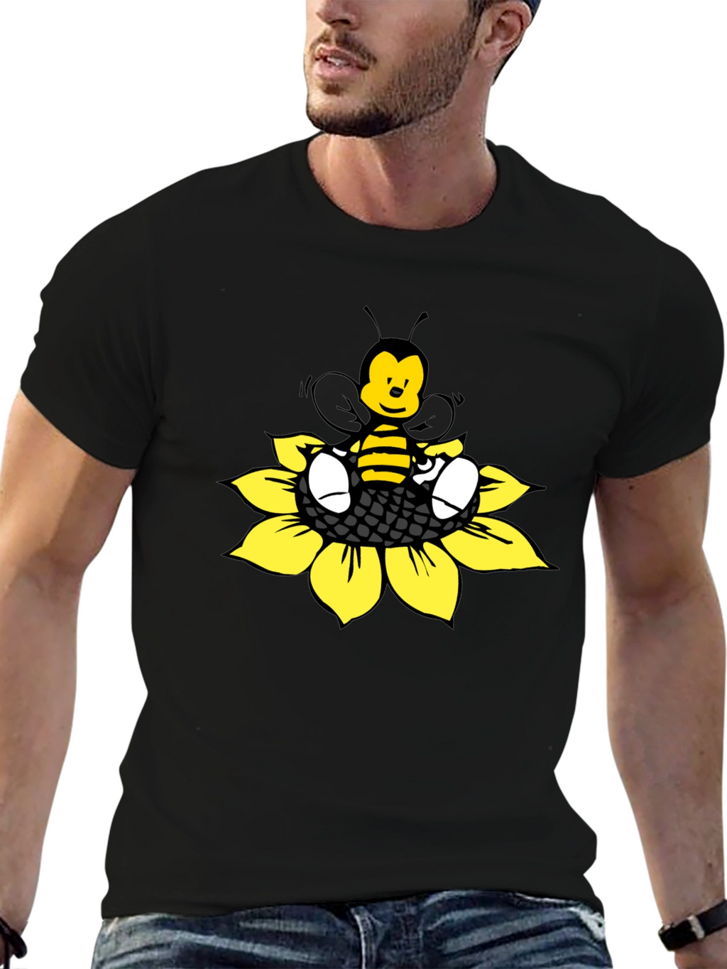Cartoon Bee on Sunflower Graphic Tee