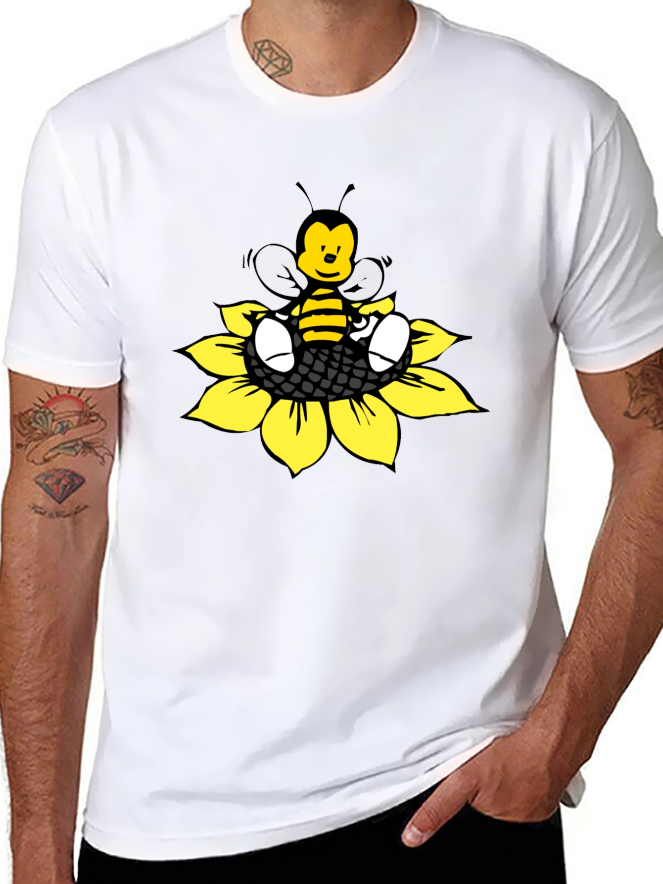 Cartoon Bee on Sunflower Graphic Tee