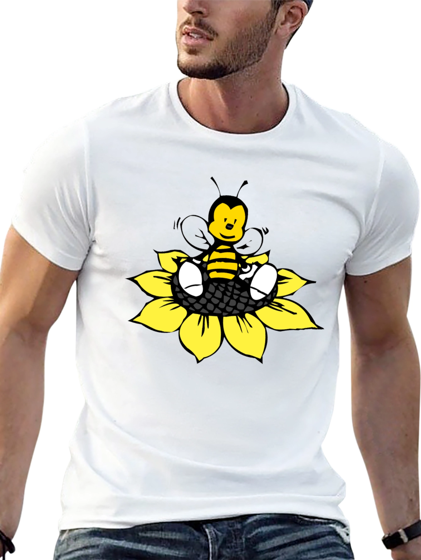 Cartoon Bee on Sunflower Graphic Tee