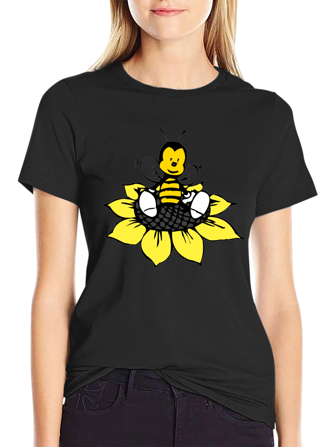 Cartoon Bee on Sunflower Graphic Tee