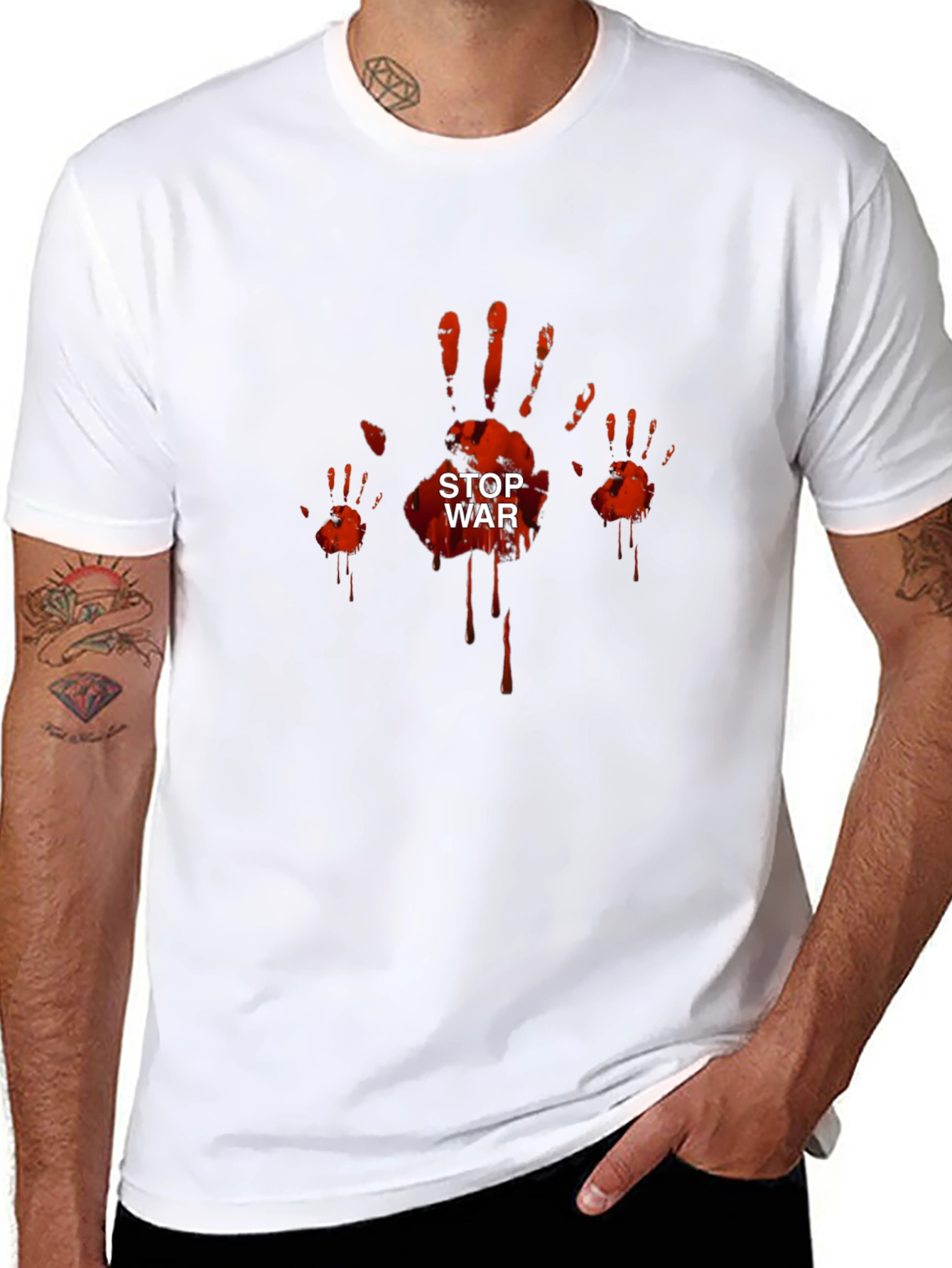 Stop War Graphic Tee - Bloody Handprint Design