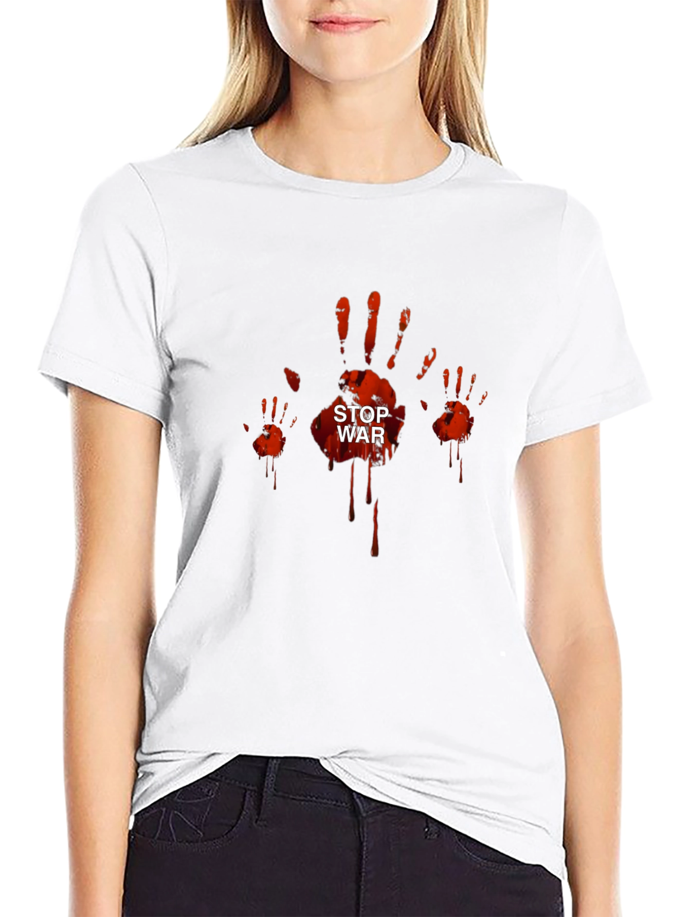 Stop War Graphic Tee - Bloody Handprint Design