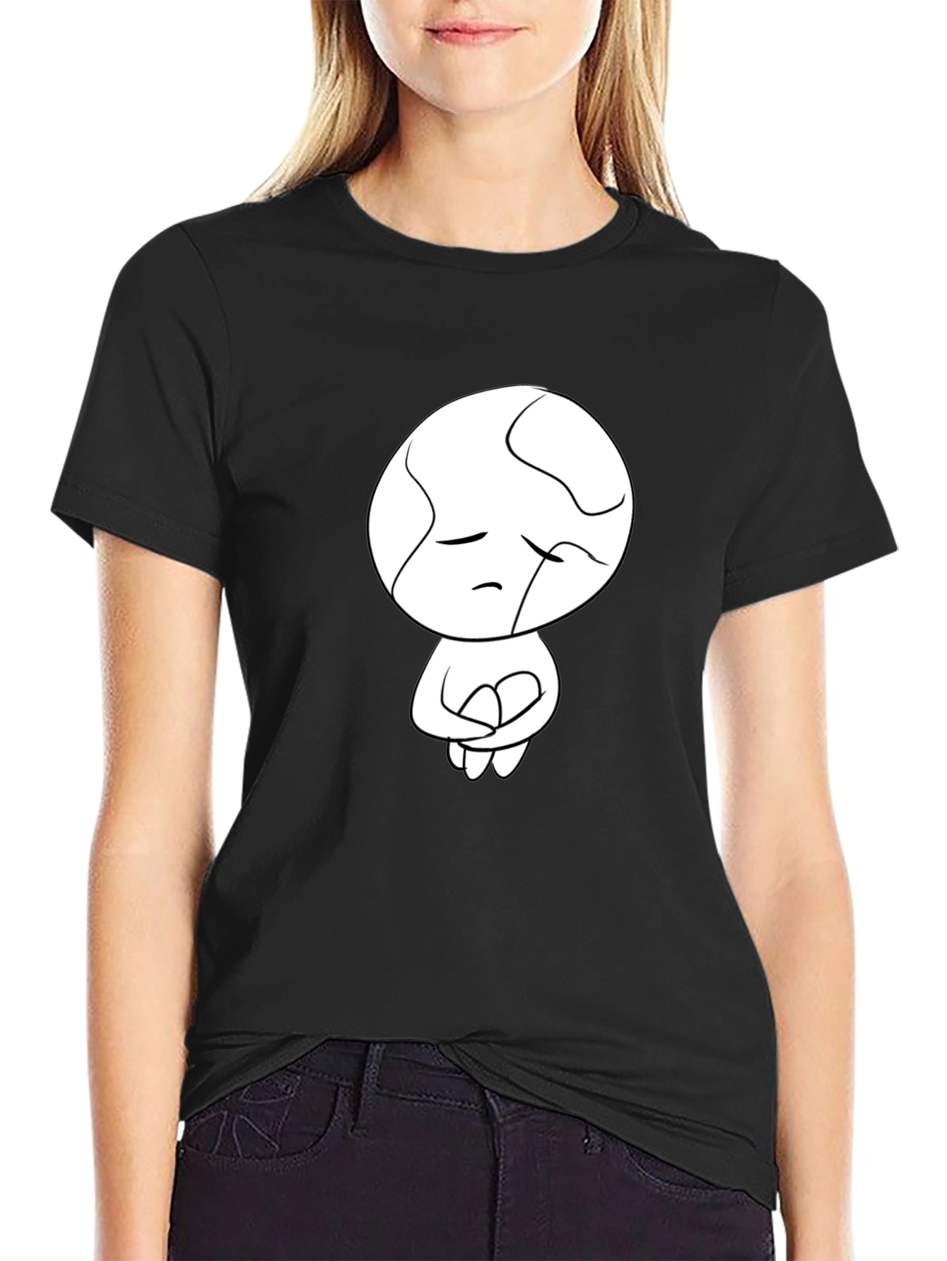 Unique Graphic Tee - Sad Abstract Character Print - Black