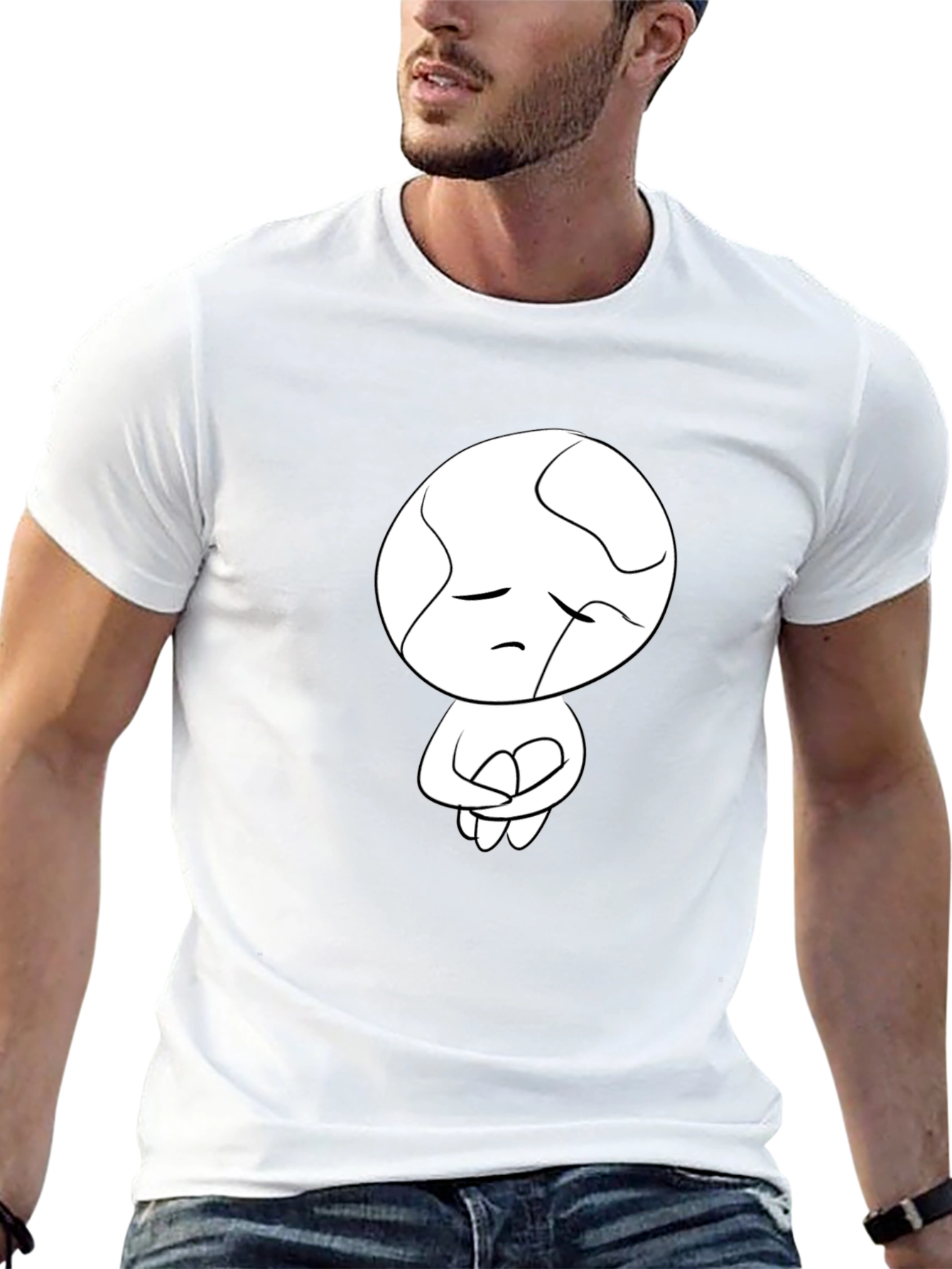 Unique Graphic Tee - Sad Abstract Character Print - Black
