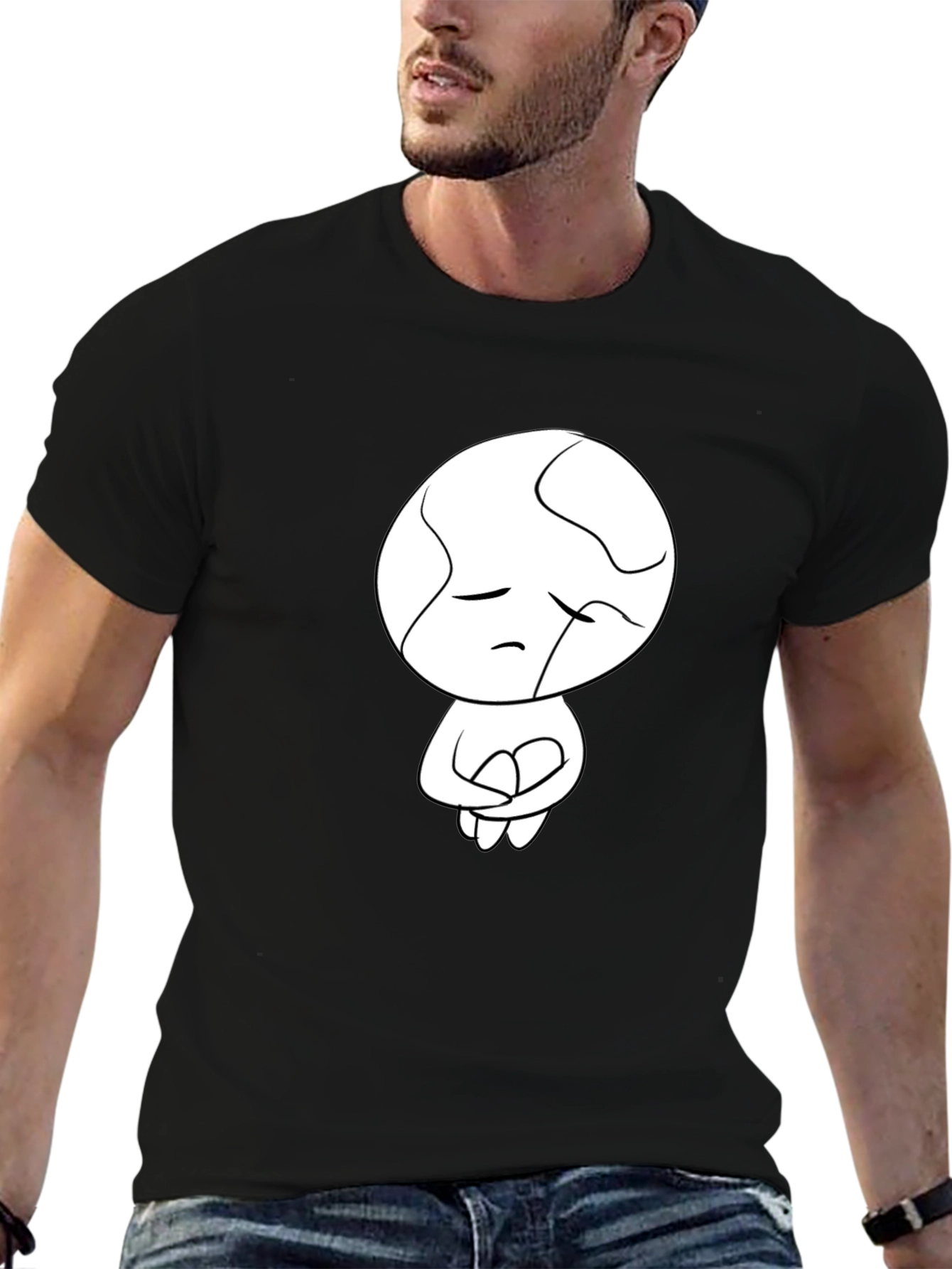 Unique Graphic Tee - Sad Abstract Character Print - Black