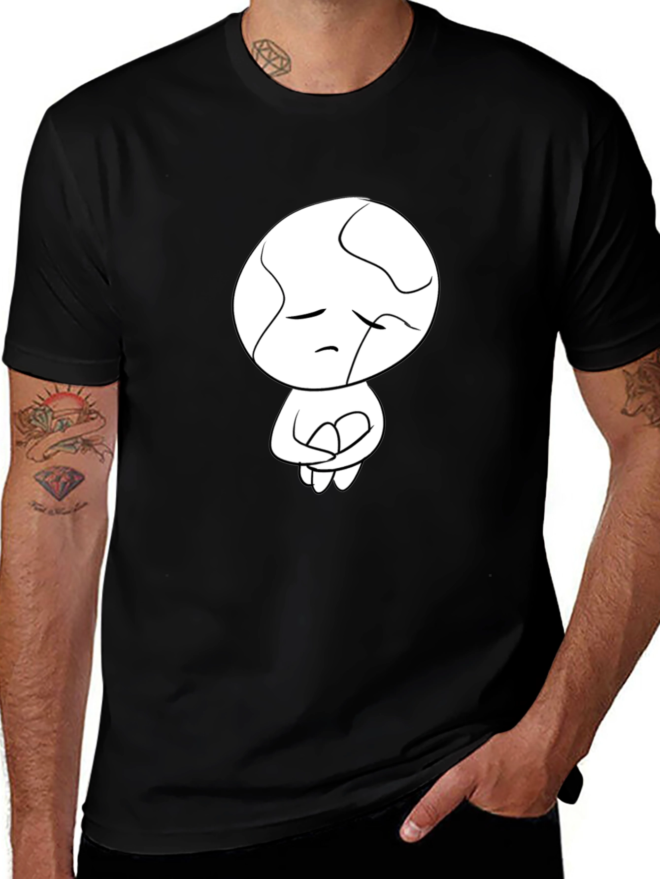 Unique Graphic Tee - Sad Abstract Character Print - Black