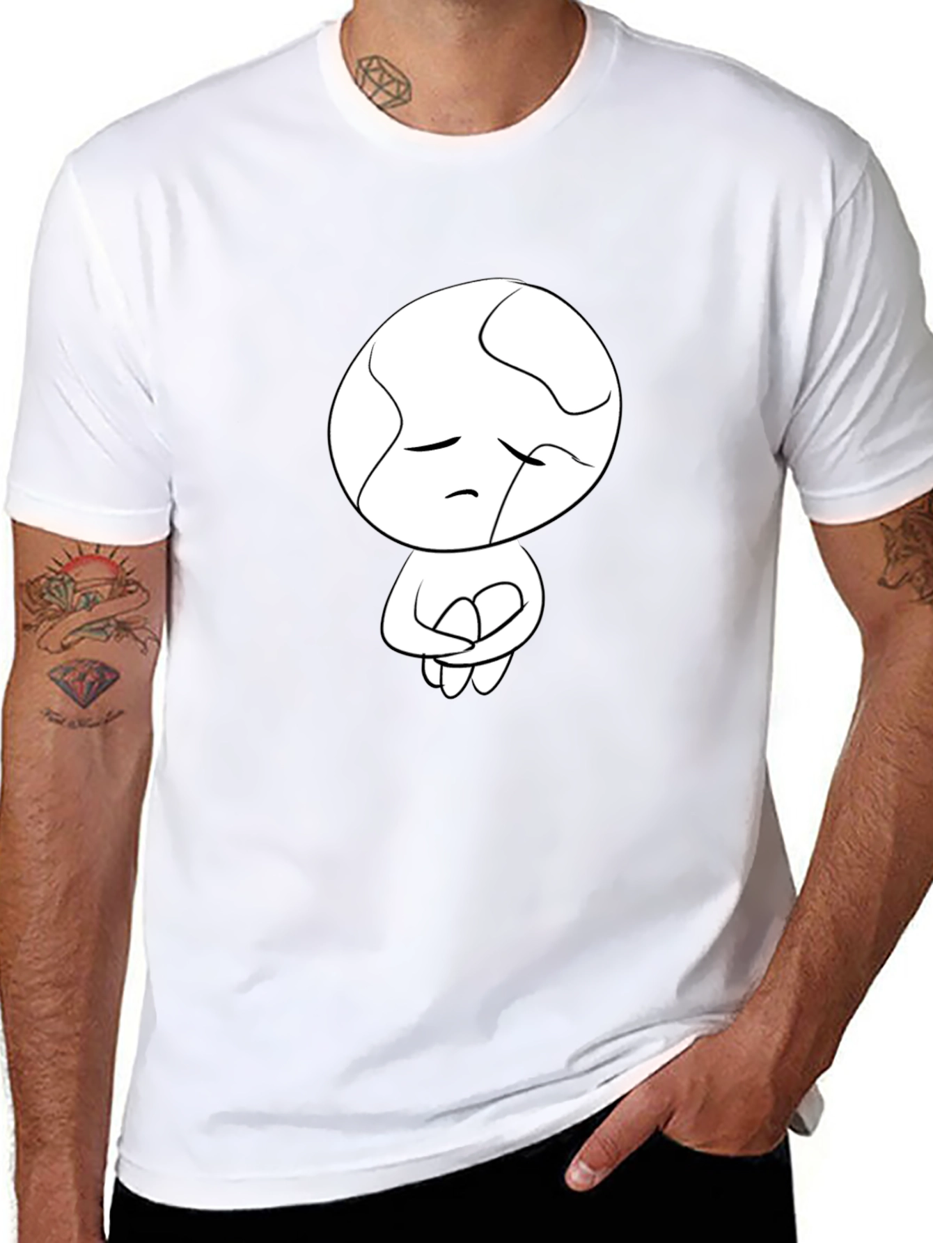 Unique Graphic Tee - Sad Abstract Character Print - Black