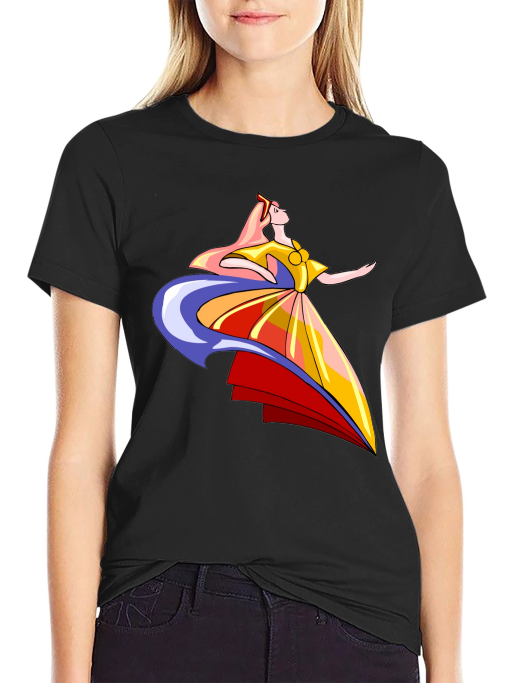 Elegant Cartoon Woman Graphic T-Shirt - Black