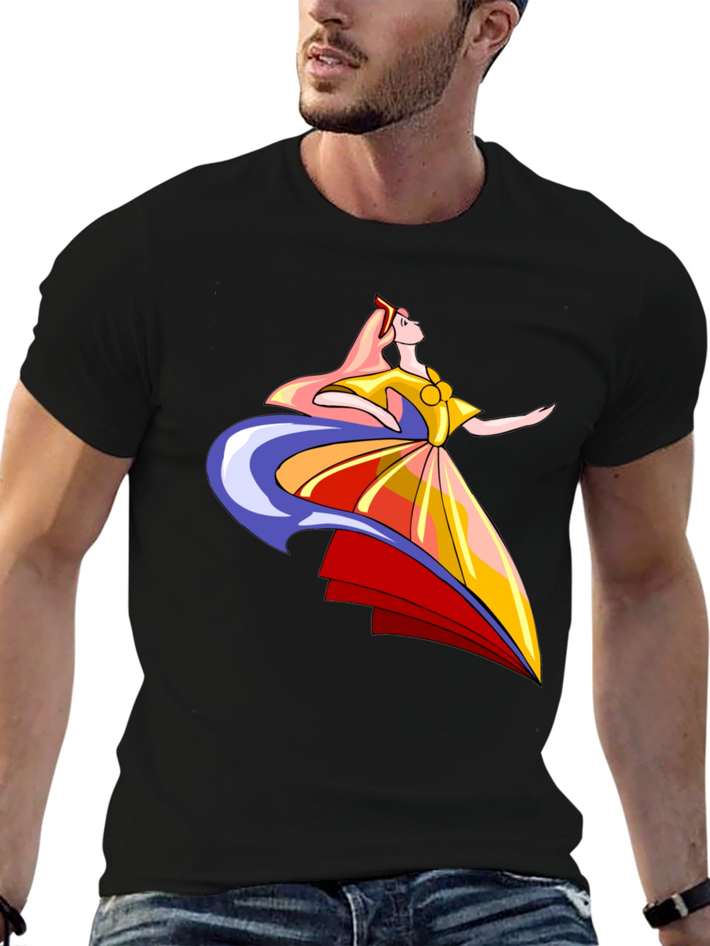 Elegant Cartoon Woman Graphic T-Shirt - Black