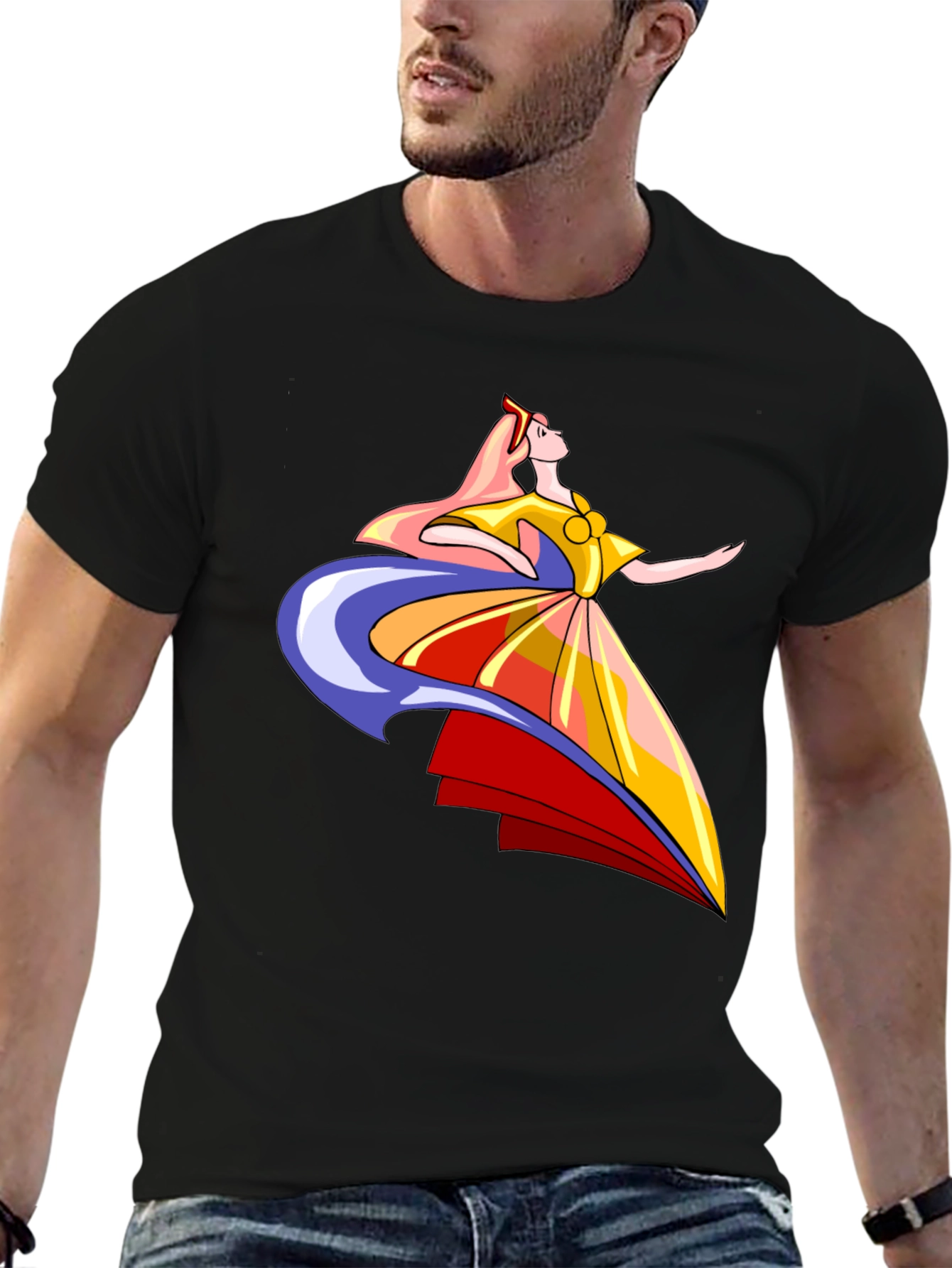 Elegant Cartoon Woman Graphic T-Shirt - Black