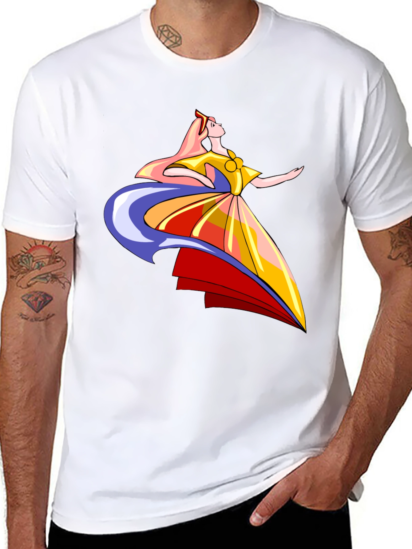 Elegant Cartoon Woman Graphic T-Shirt - Black