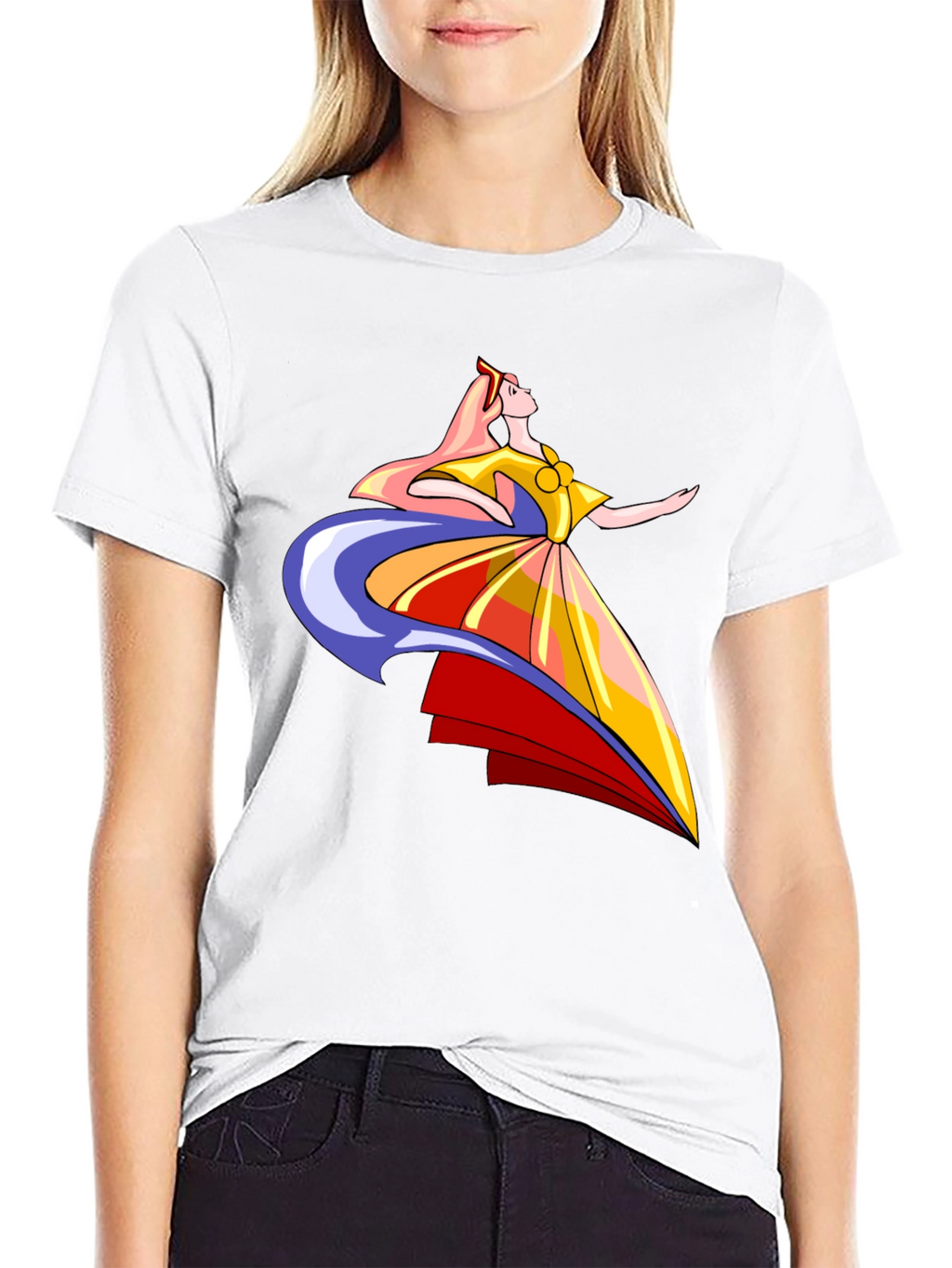 Elegant Cartoon Woman Graphic T-Shirt - Black