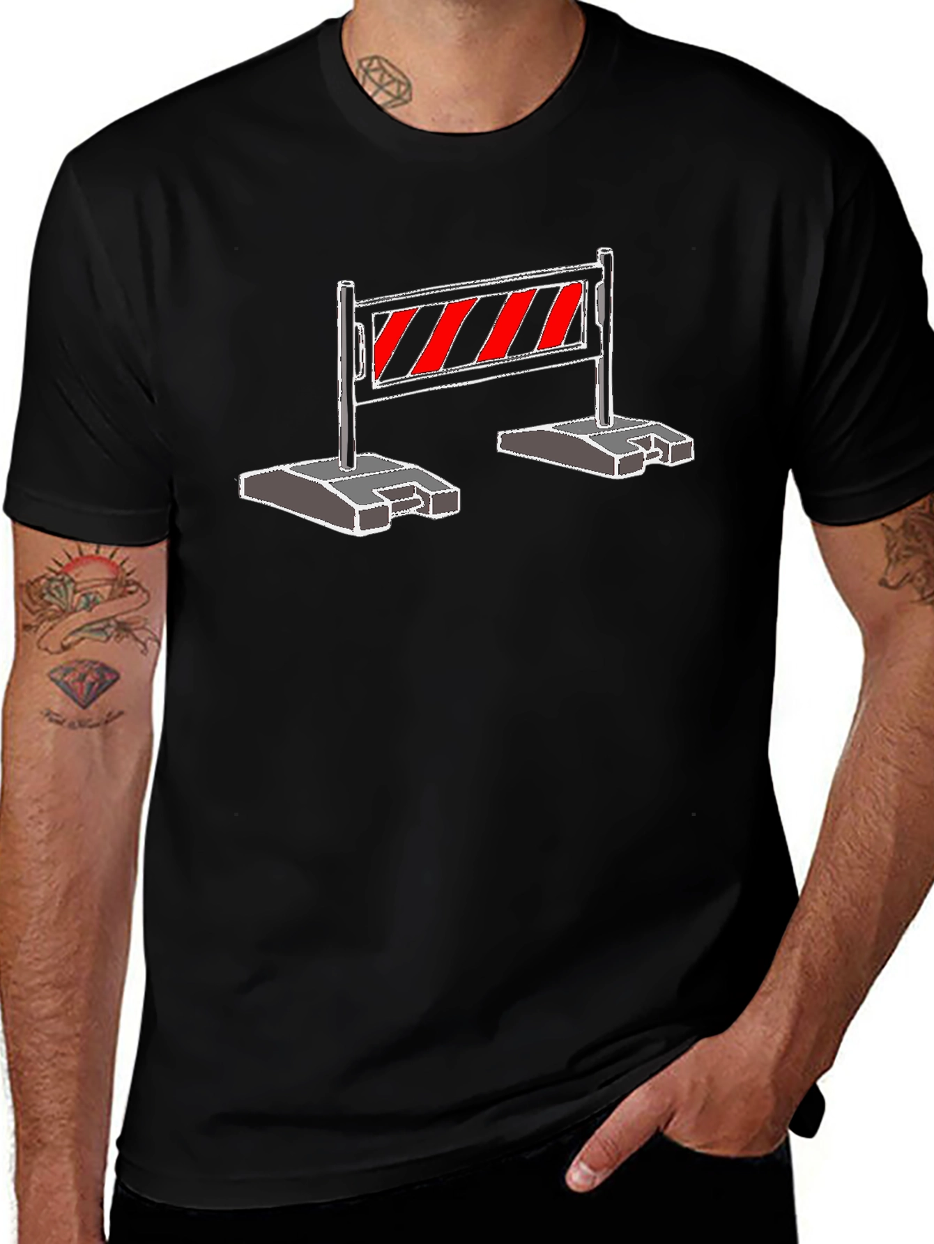 Construction Barrier Graphic Tee - Black Cotton Shirt