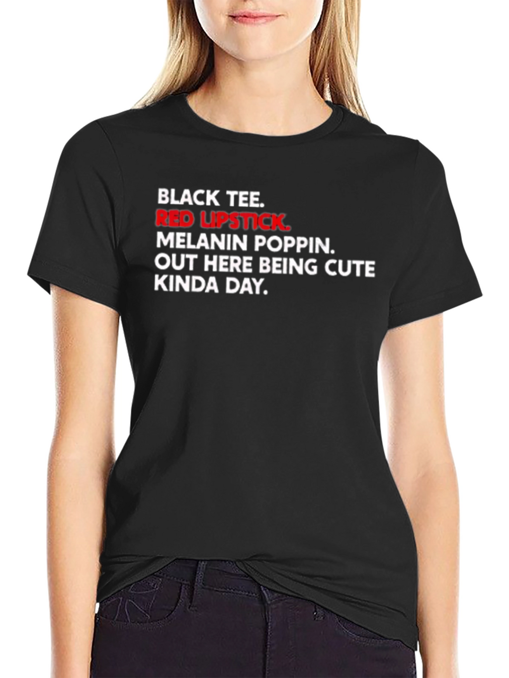 Black Tee with Red Lipstick Graphic