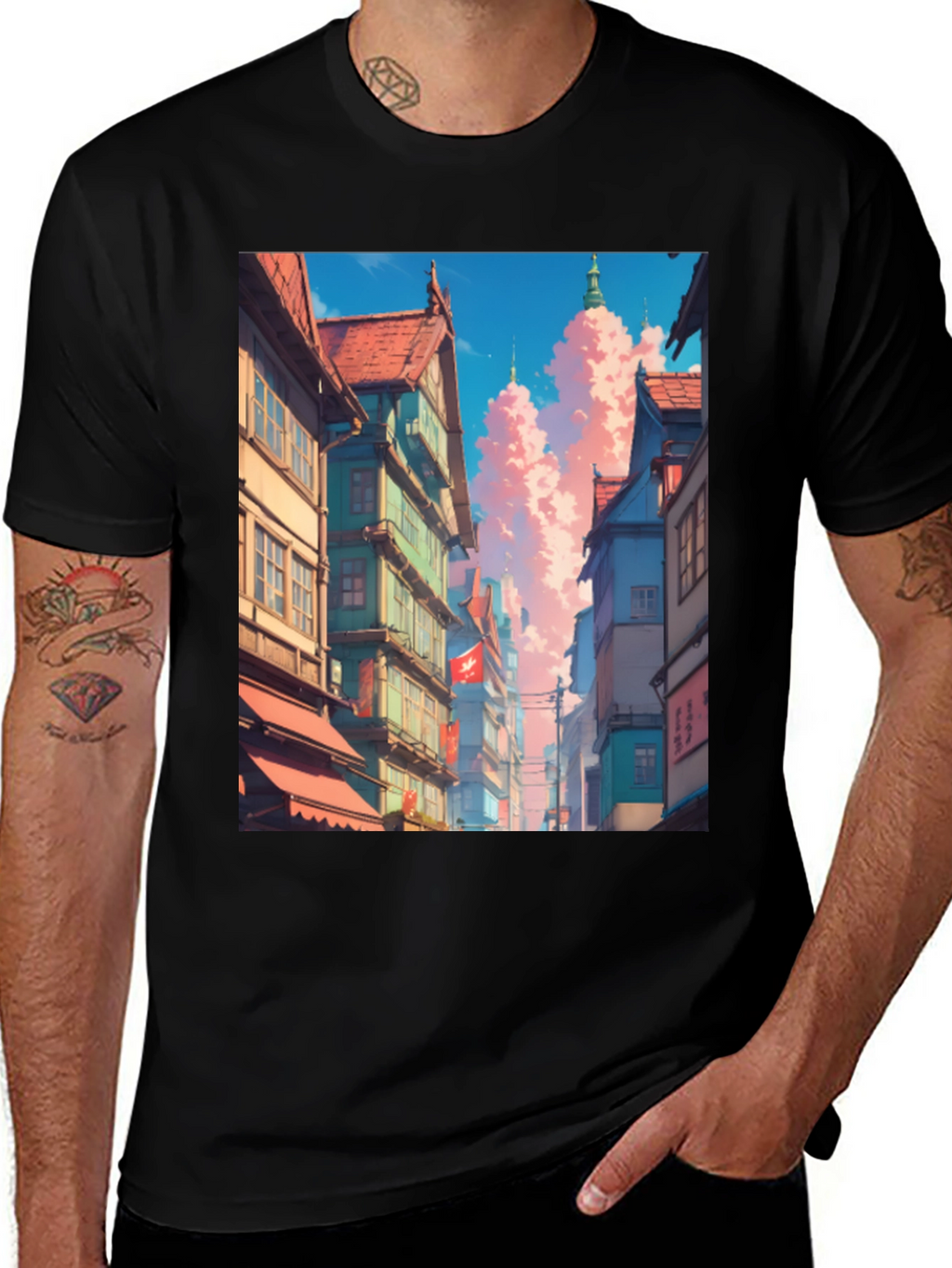 Anime Cityscape Black T-Shirt