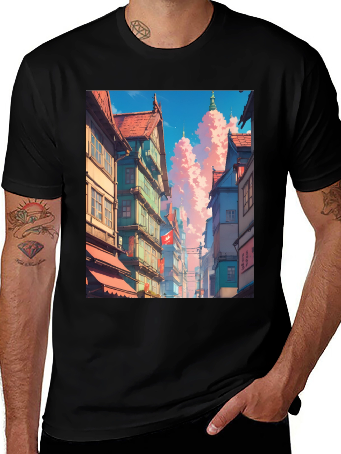 Anime Cityscape Black T-Shirt