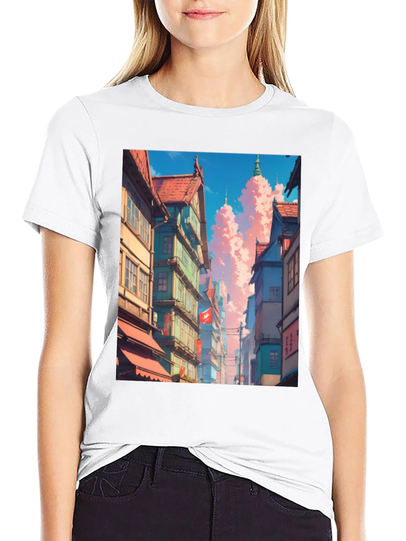 Anime Cityscape Black T-Shirt