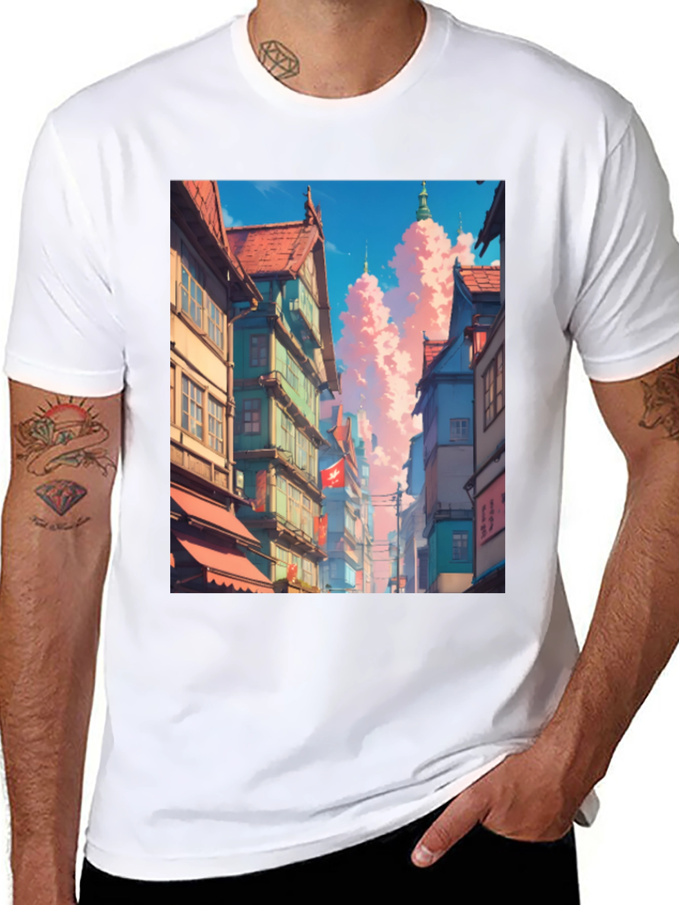 Anime Cityscape Black T-Shirt