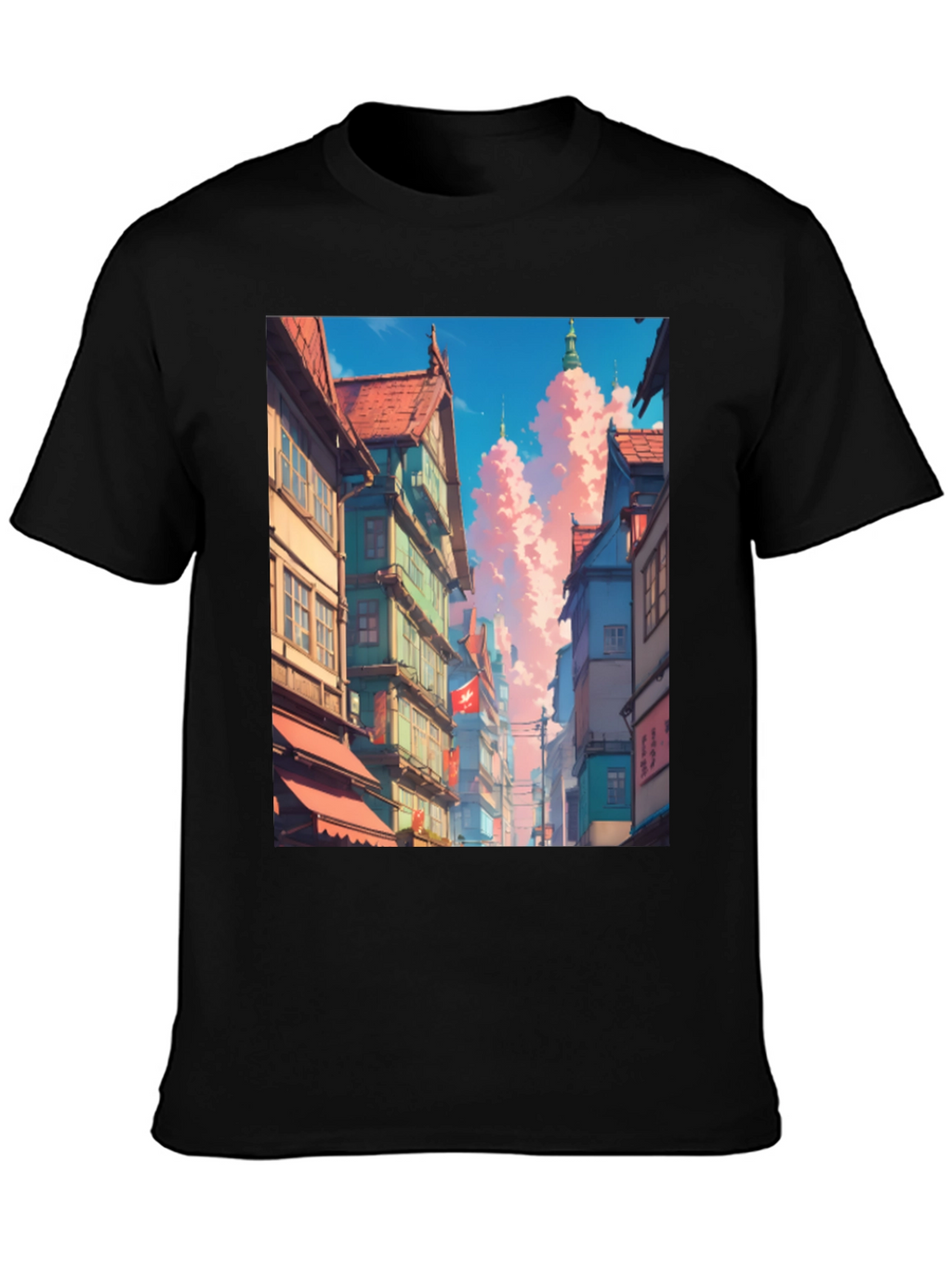 Anime Cityscape Black T-Shirt