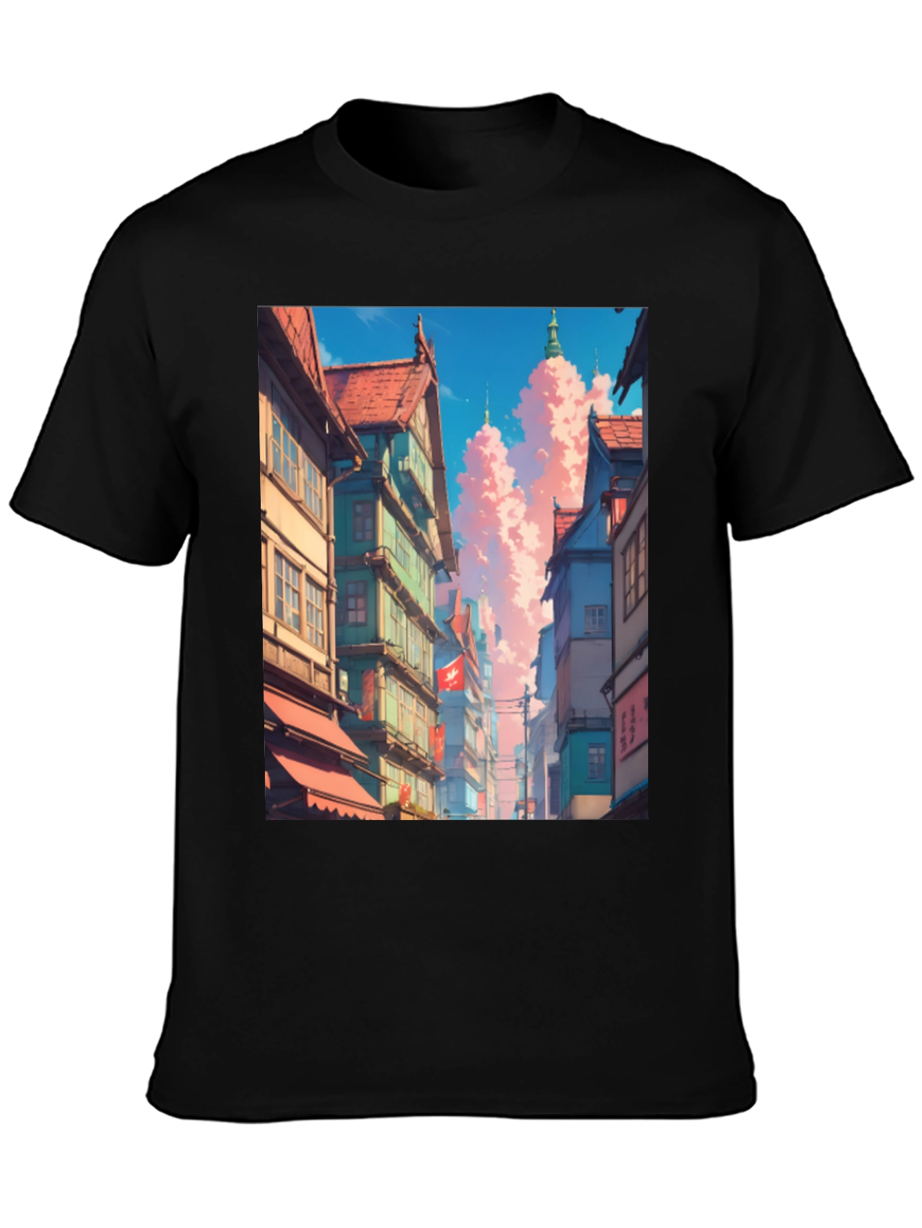 Anime Cityscape Black T-Shirt