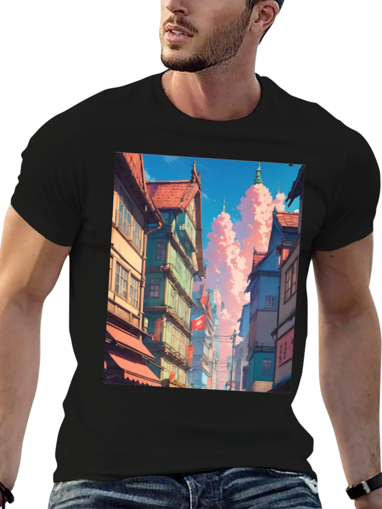 Anime Cityscape Black T-Shirt