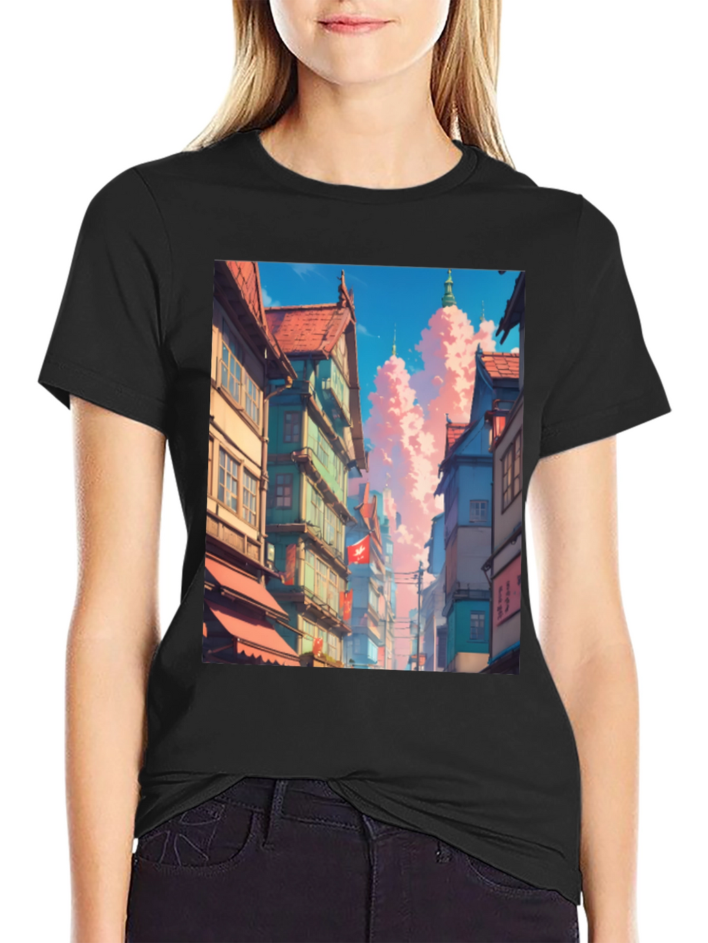 Anime Cityscape Black T-Shirt