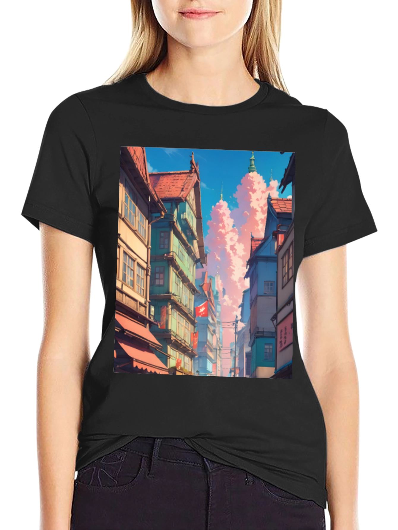 Anime Cityscape Black T-Shirt