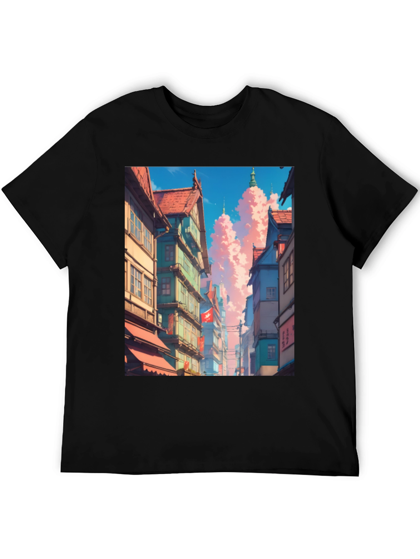 Anime Cityscape Black T-Shirt
