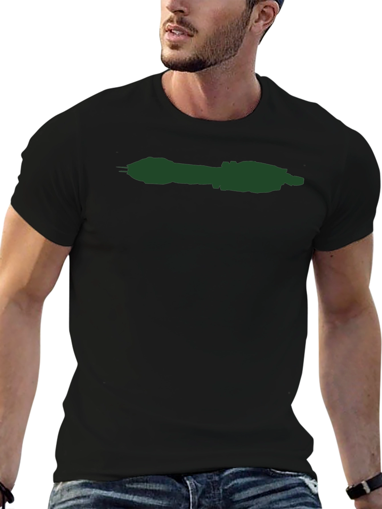 Minimalist Black T-Shirt with Green Spaceship Design