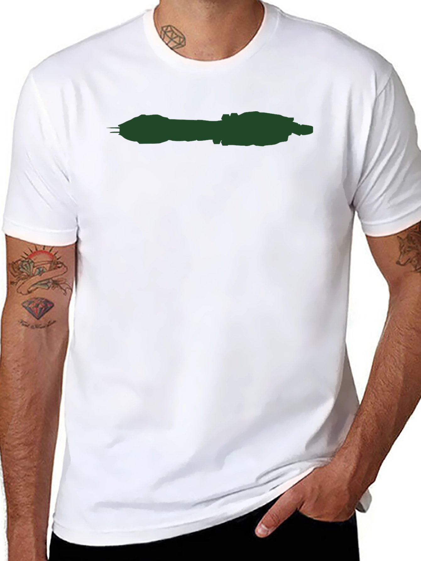 Minimalist Black T-Shirt with Green Spaceship Design