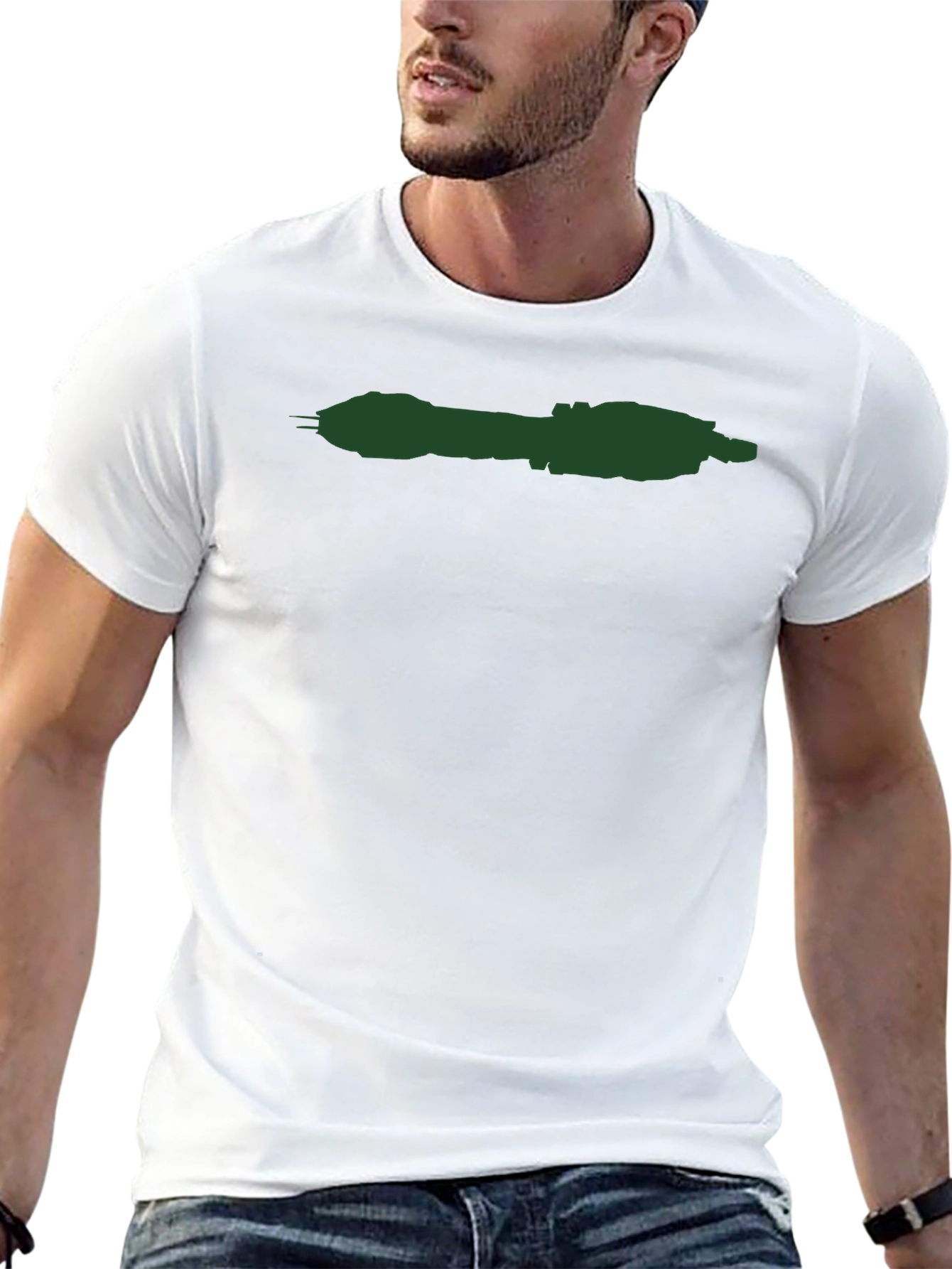 Minimalist Black T-Shirt with Green Spaceship Design