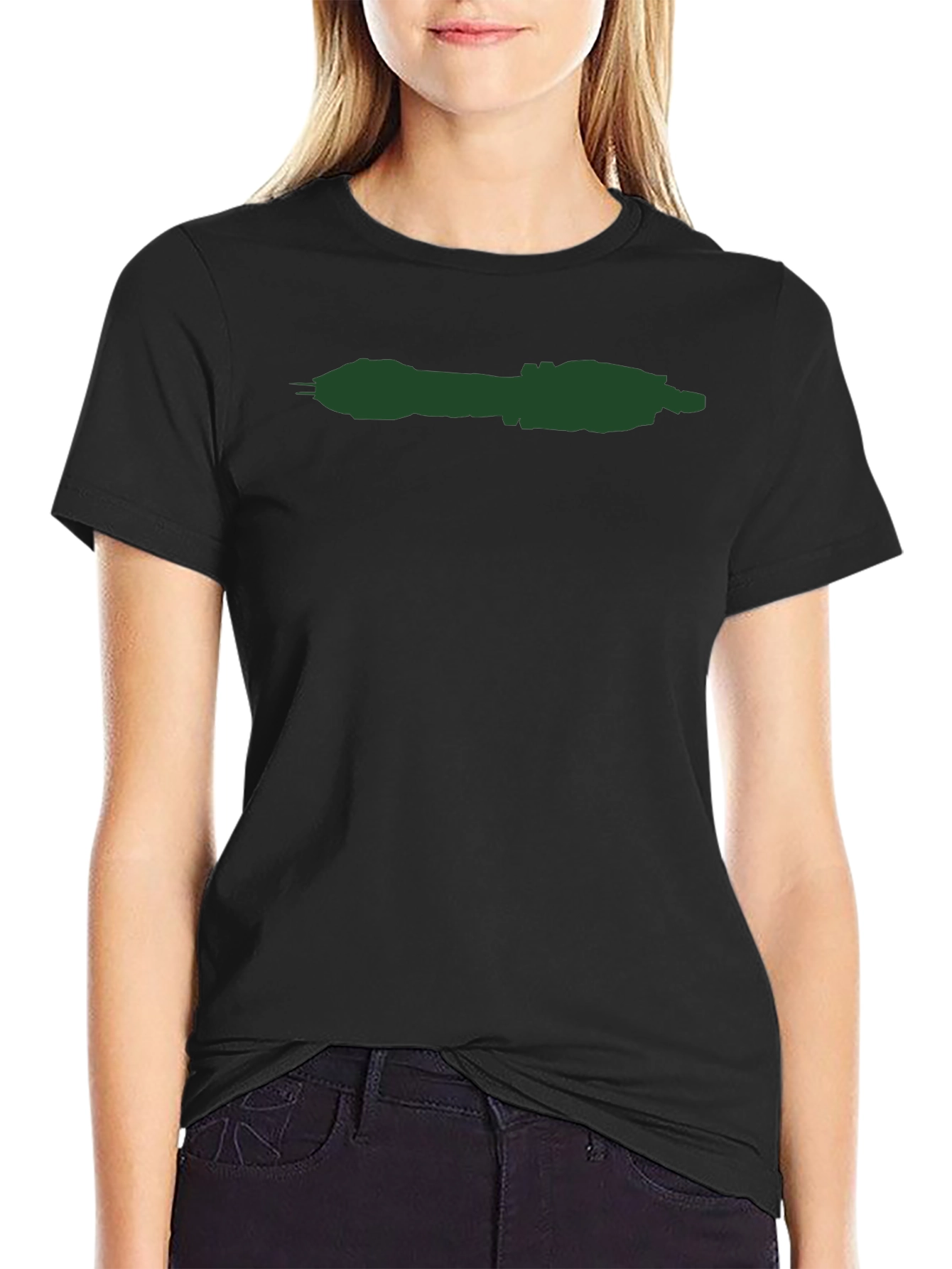 Minimalist Black T-Shirt with Green Spaceship Design