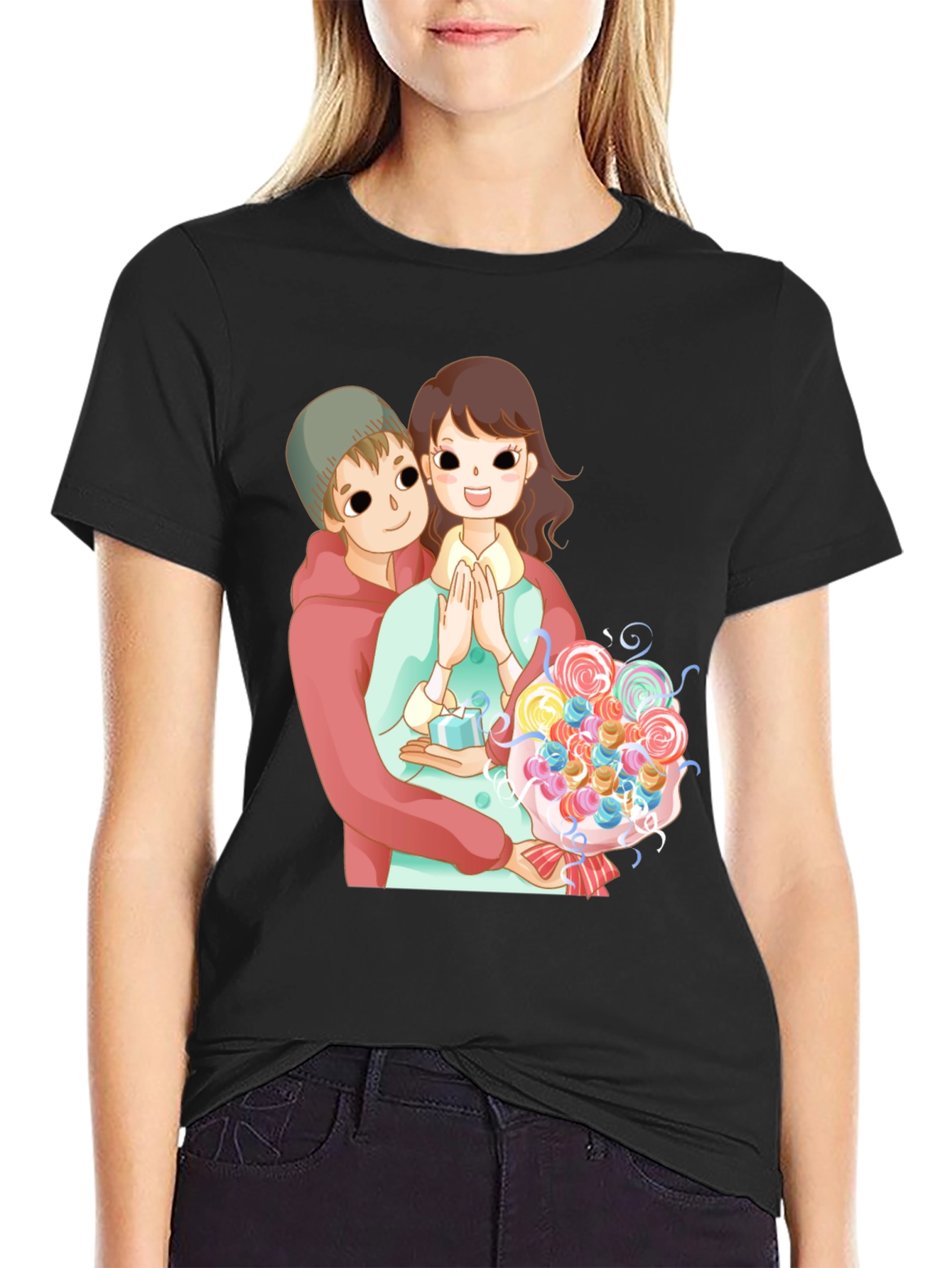Cartoon Couple Black T-Shirt