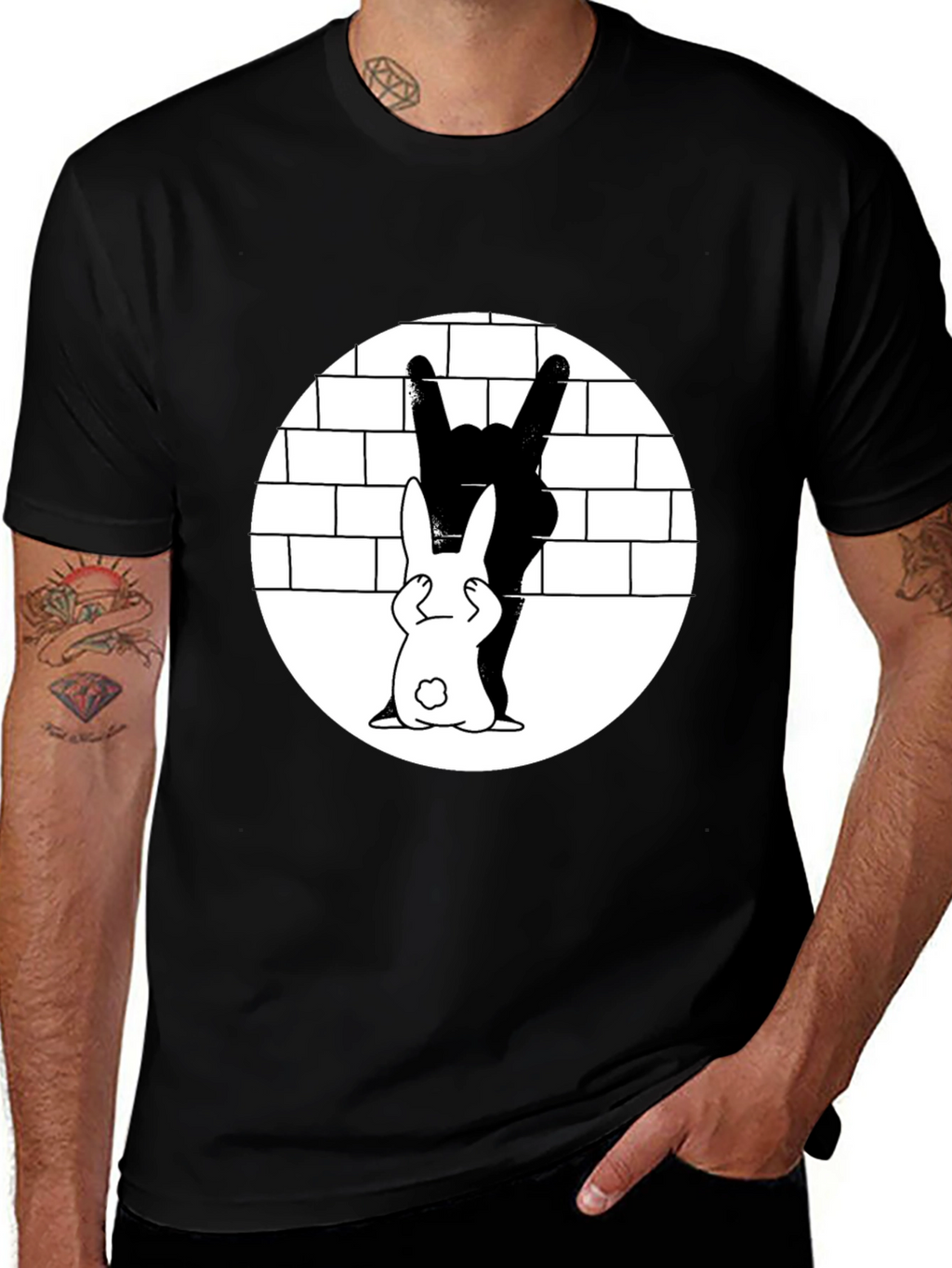 Cool Rabbit Rock On Graphic Black T-Shirt