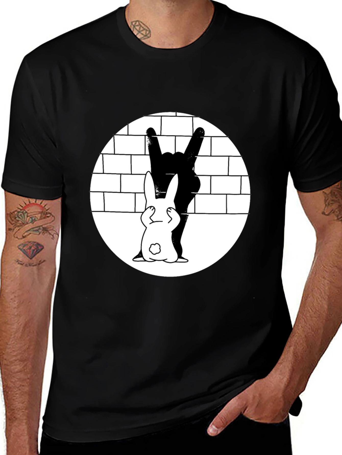 Cool Rabbit Rock On Graphic Black T-Shirt