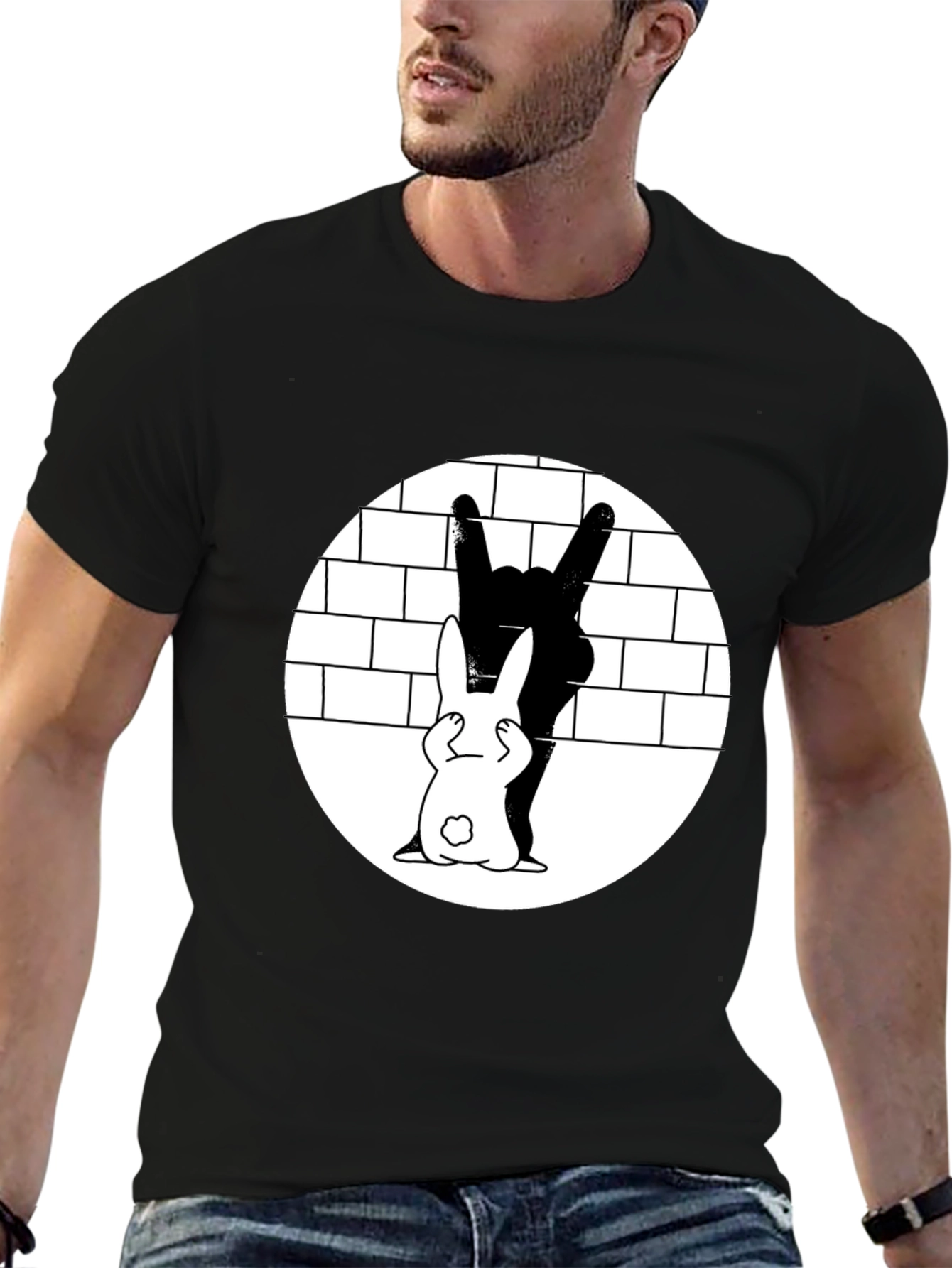 Cool Rabbit Rock On Graphic Black T-Shirt