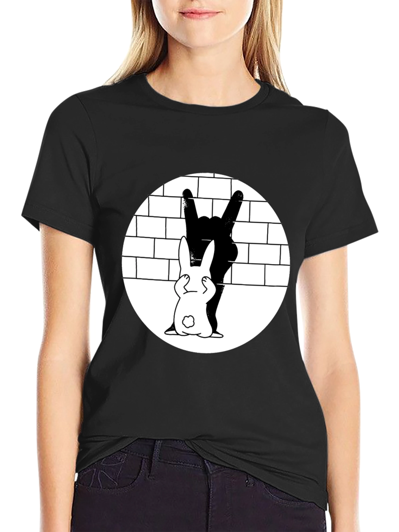 Cool Rabbit Rock On Graphic Black T-Shirt
